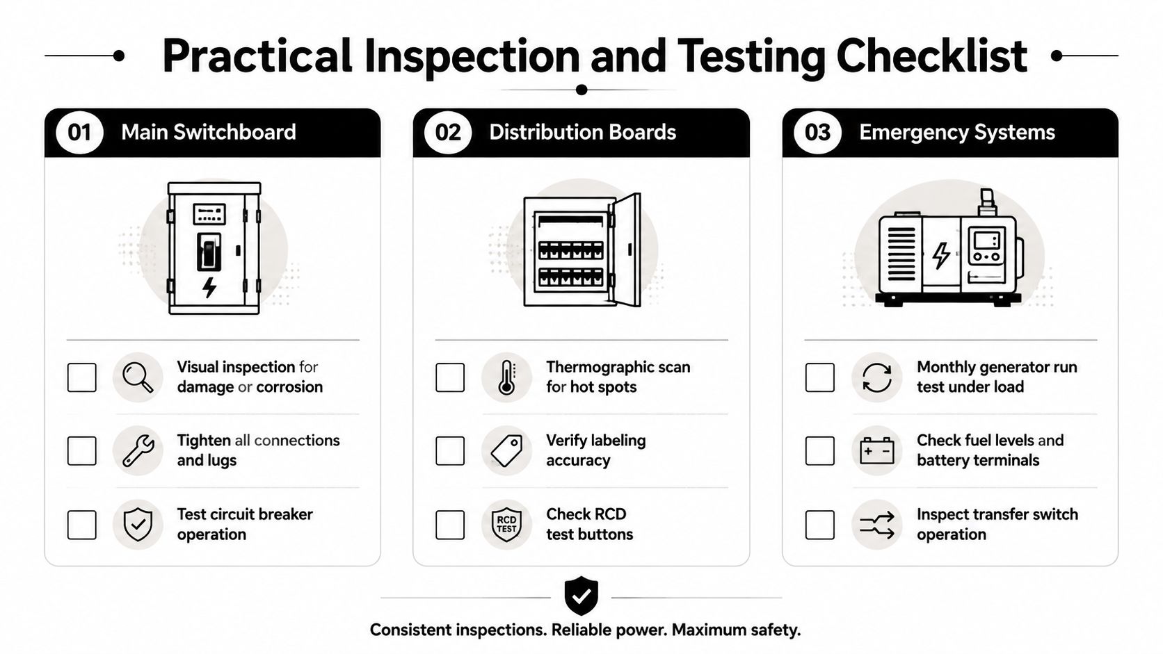 A Checklist Graphic For Commercial Electrical Maintenance Including Inspections For Main Switchboards, Distribution Boards, And Emergency Systems.