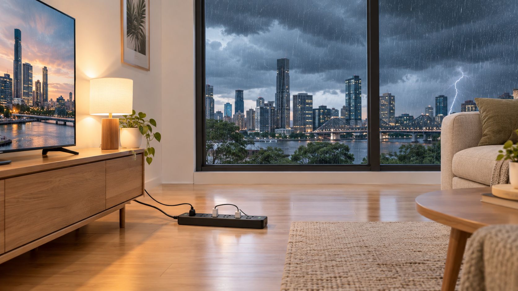 A Modern Living Room Featuring A Surge Protector Power Strip On A Wooden Floor Near A Window.
