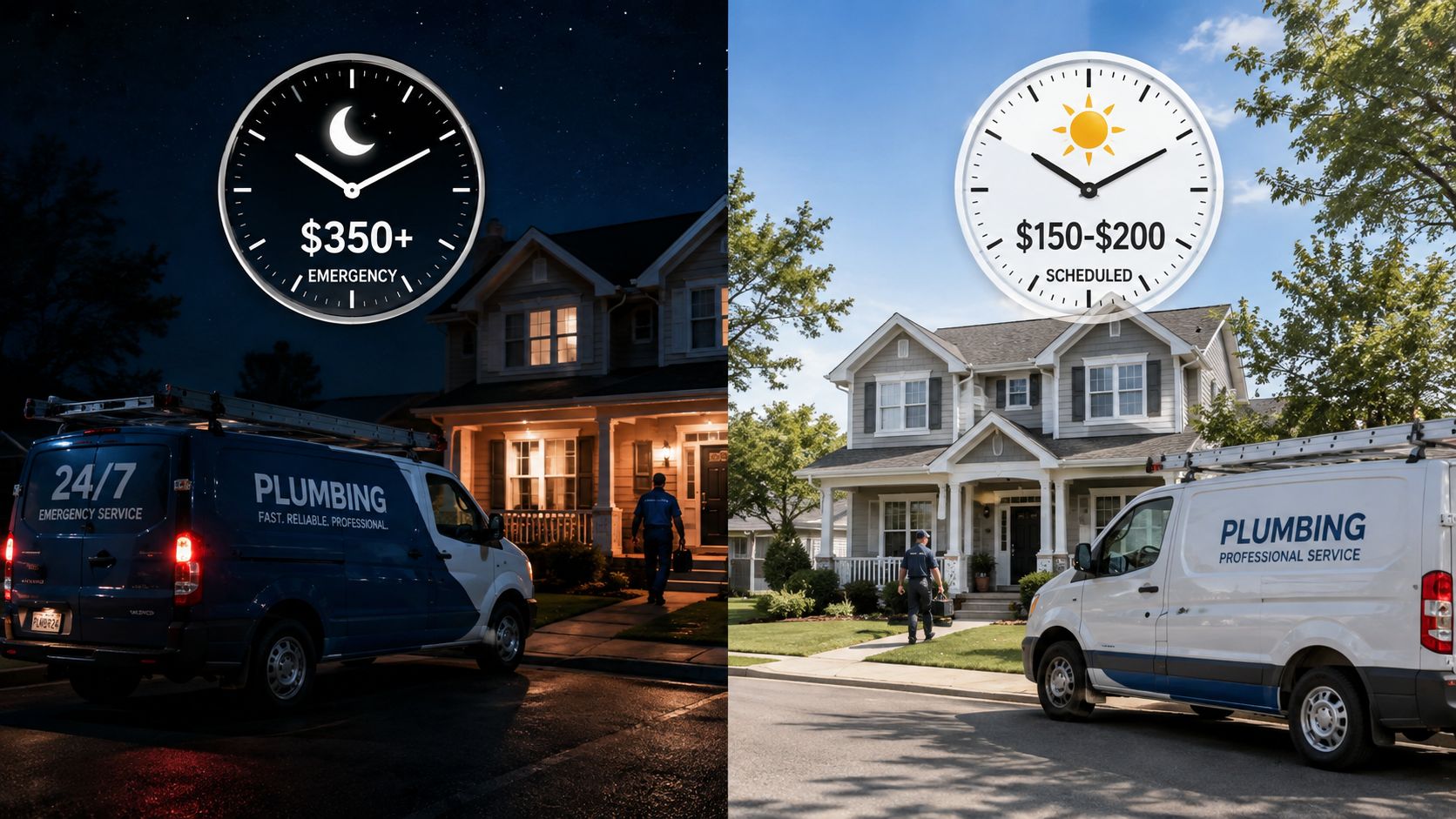 A Split Image Comparing The Cost Of Emergency Versus Scheduled Plumbing Services For Home Repairs At Night.