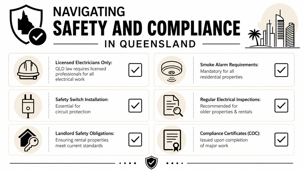 An Infographic Outlining Electrical Safety And Compliance Requirements For Properties In Queensland, Australia.