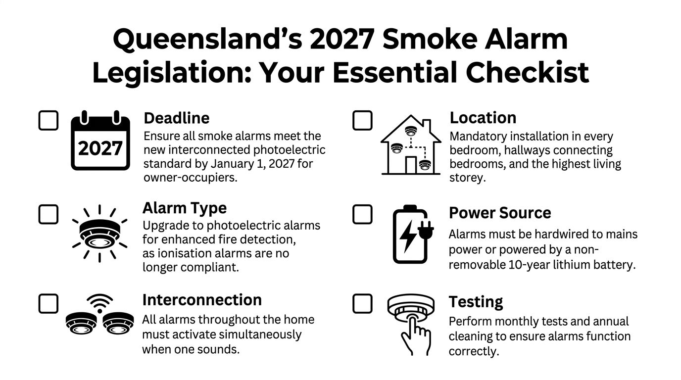 A Checklist Infographic Outlining Requirements For Queensland'S 2027 Smoke Alarm Legislation And Home Safety Standards.