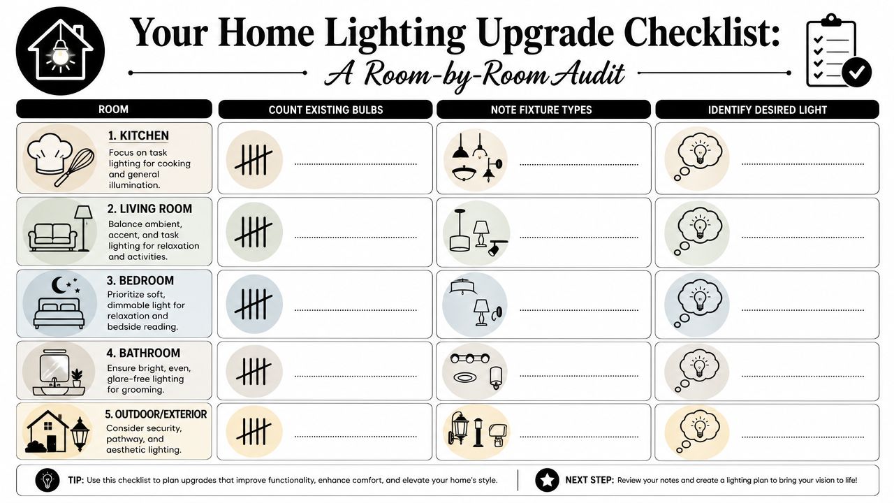 A Home Lighting Upgrade Checklist Template For Auditing Room-By-Room Light Fixture Counts And Desired Lighting Needs.