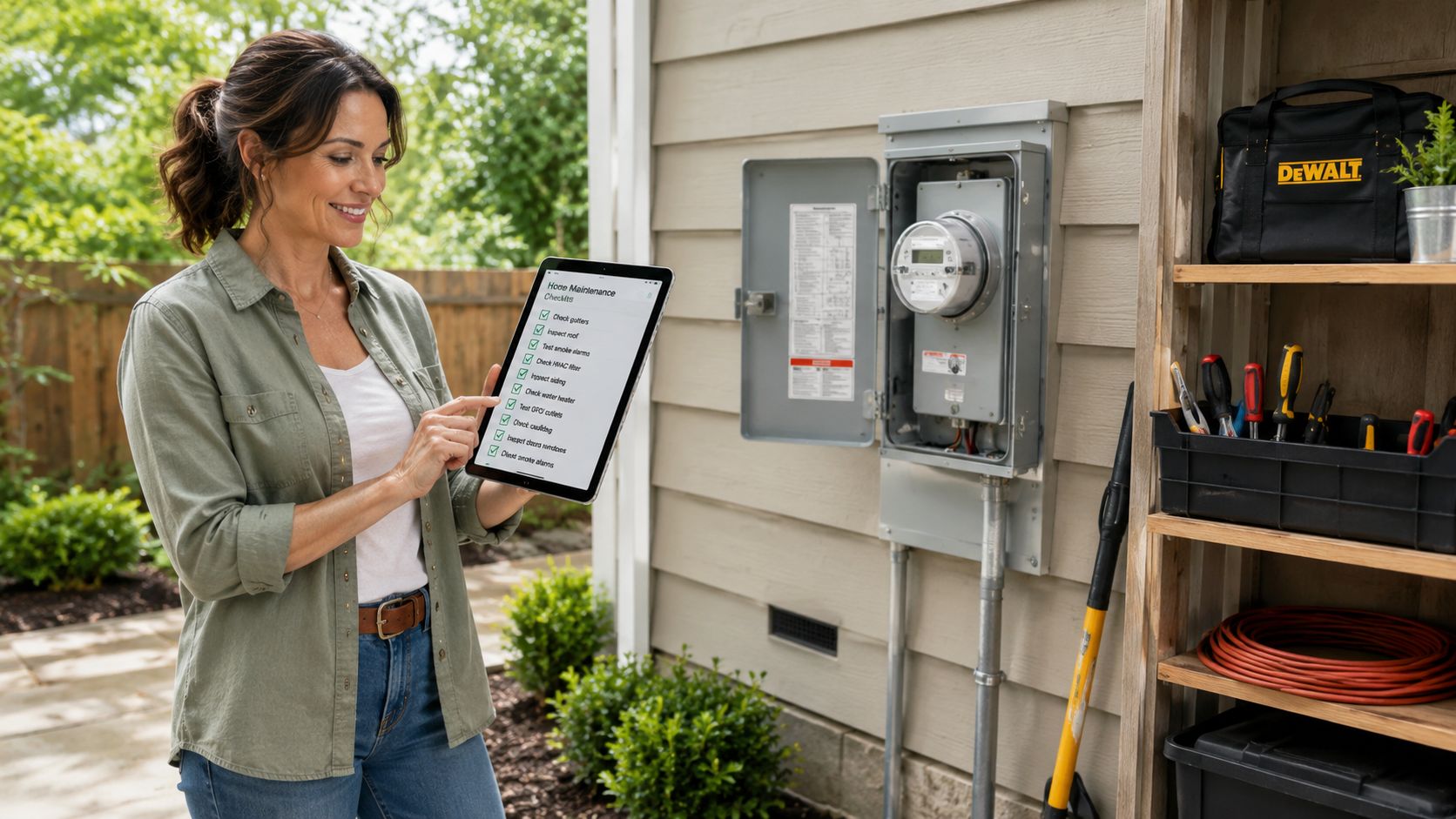 A Woman Holding A Tablet With A Home Maintenance Checklist Standing Next To A Smart Meter Installation.