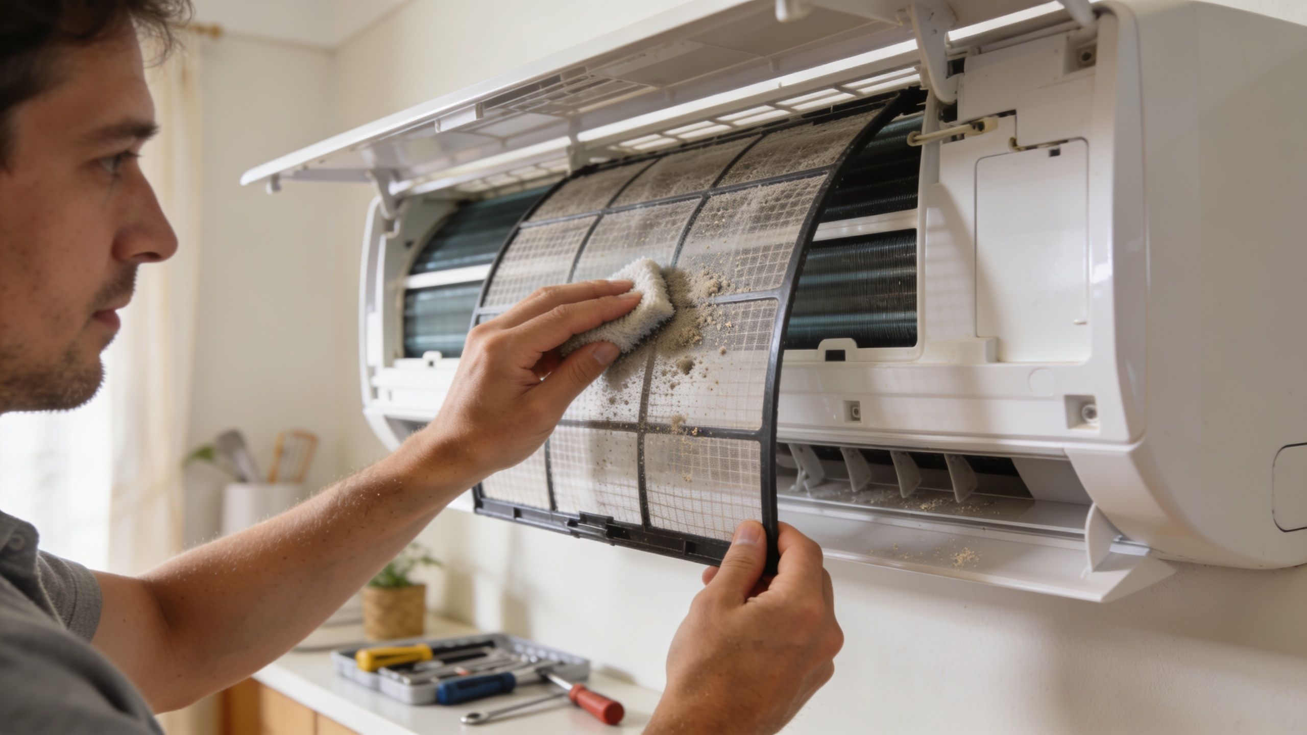 A Technician Cleaning A Dusty Air Conditioning Filter During A Routine Split System Service Maintenance Task.