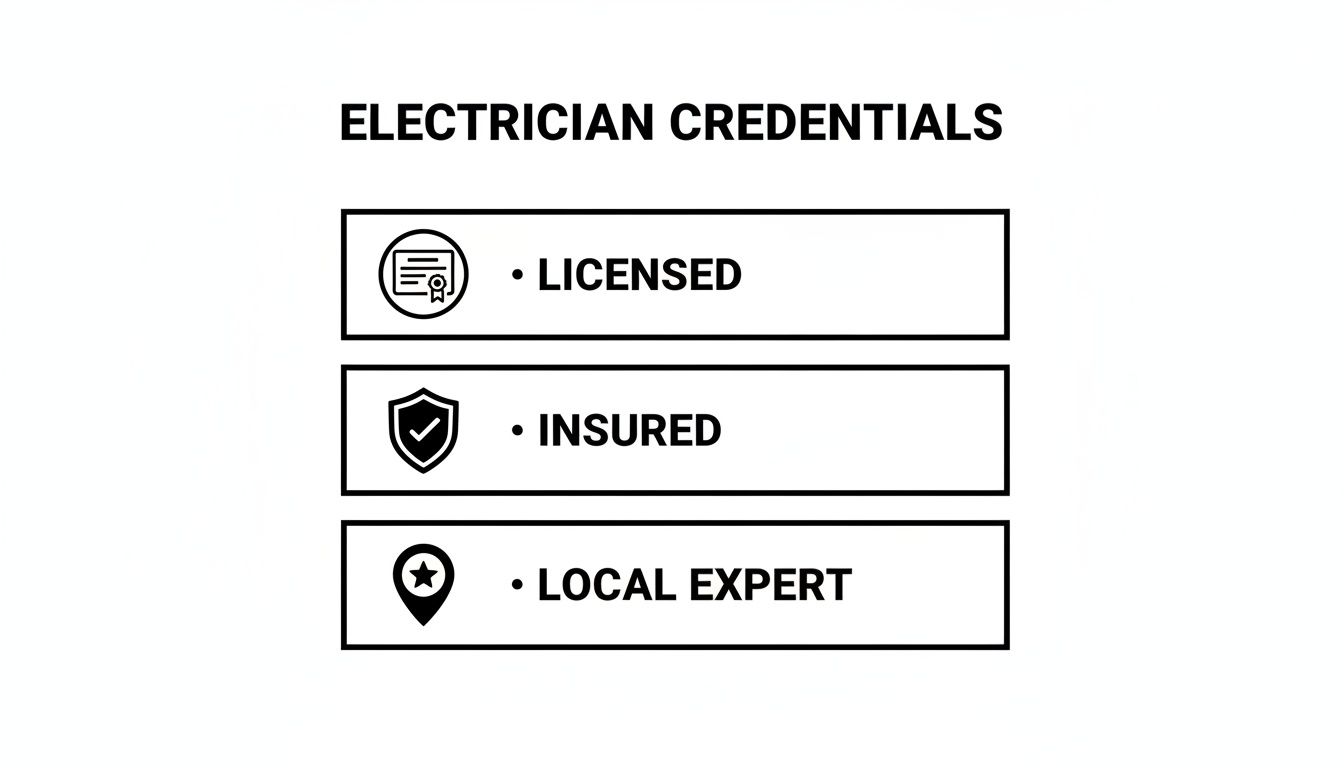 An Image Outlining Electrician Credentials: Licensed, Insured, And A Local Expert, With Corresponding Icons.
