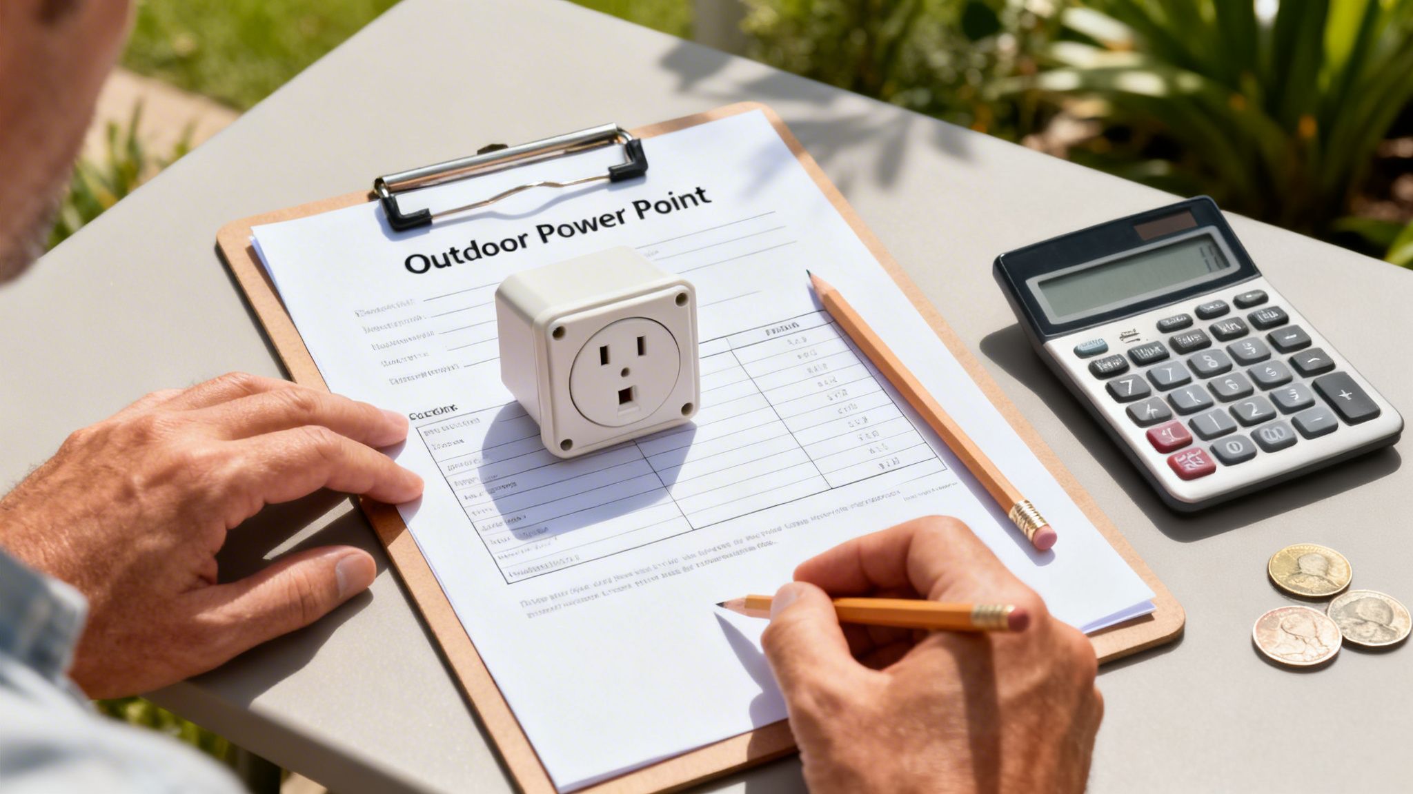 Hands Writing On An Outdoor Power Point Form With An Electrical Outlet Model, Calculator, And Coins.