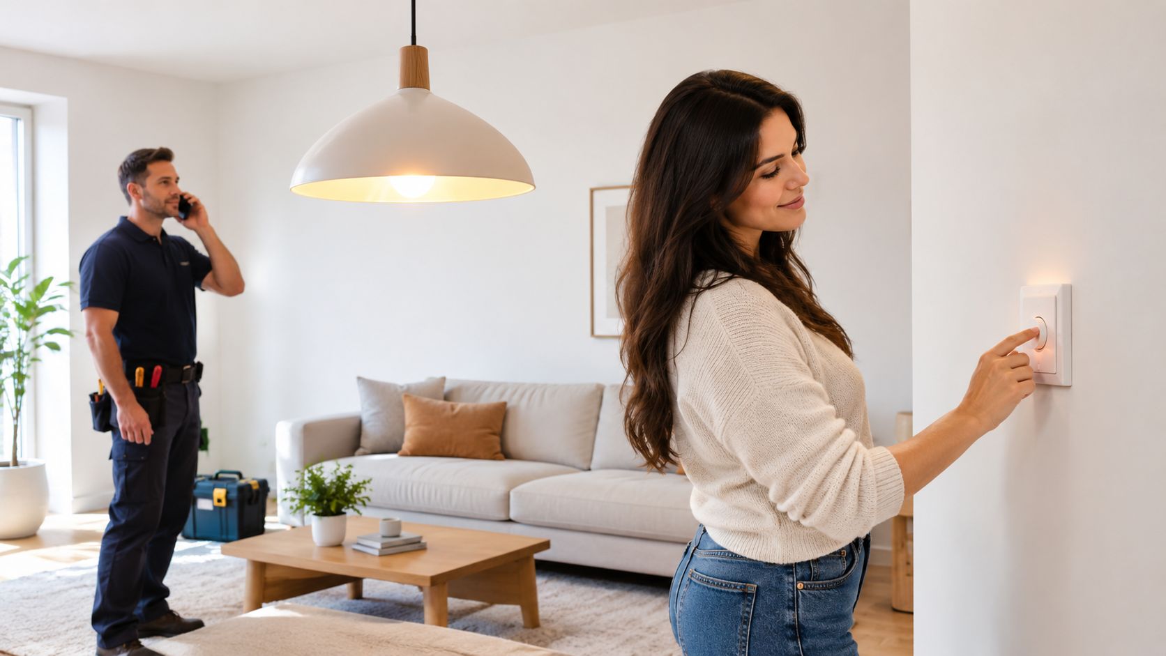 A Professional Technician Stands In The Background While A Woman Adjusts A Smart Light Switch Indoors.