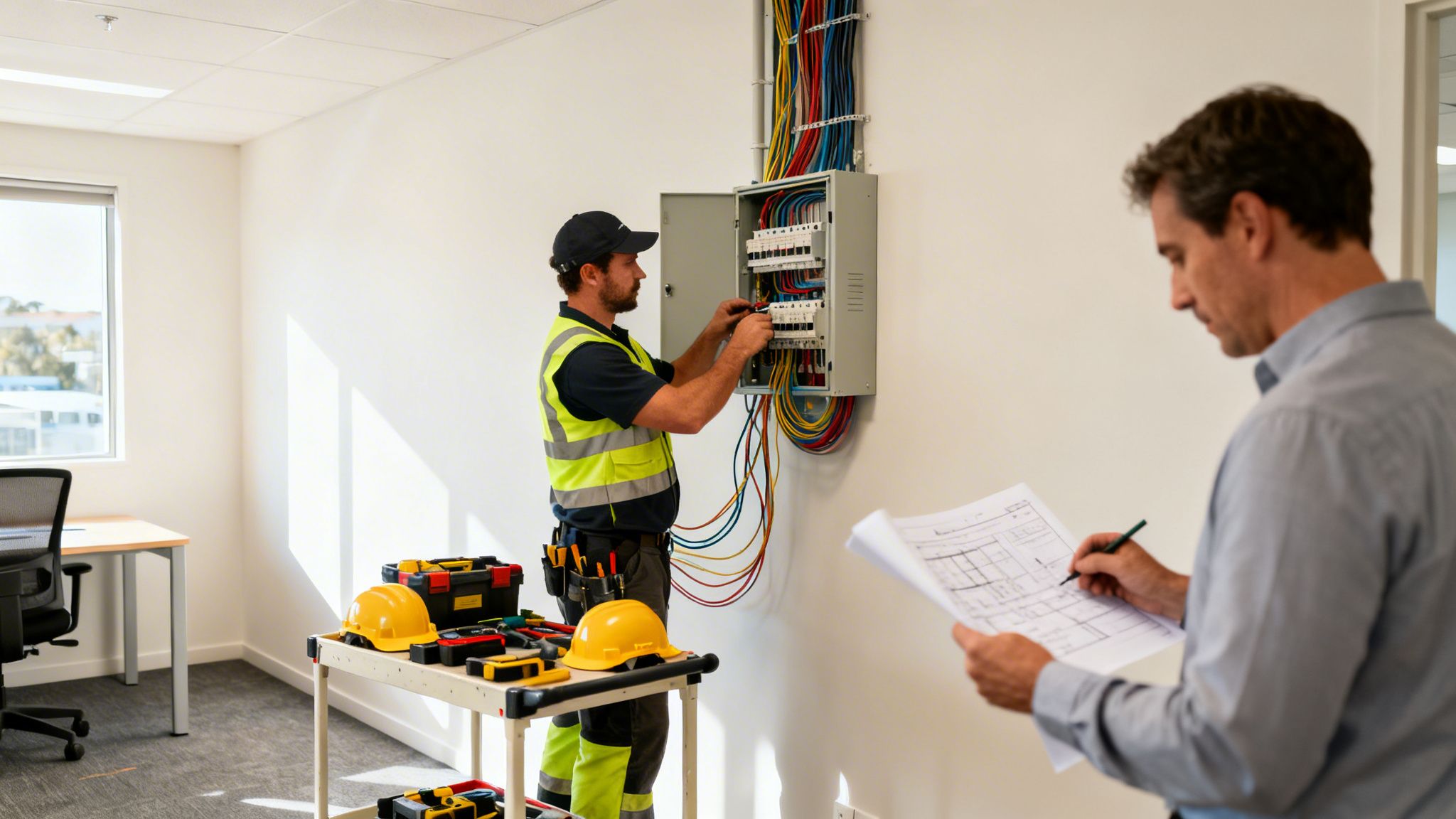An Electrician Connects Wires In A Circuit Board While A Man Reviews Plans In An Office.