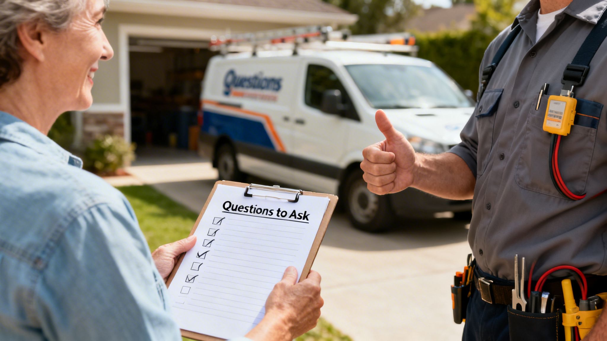 Happy Customer Holding A Checklist While A Service Technician In Uniform Gives A Thumbs-Up.