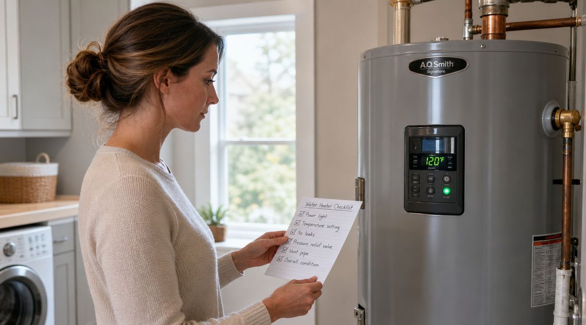 A Woman Checking A Water Heater System Using A Maintenance Checklist In A Residential Home Laundry Room.