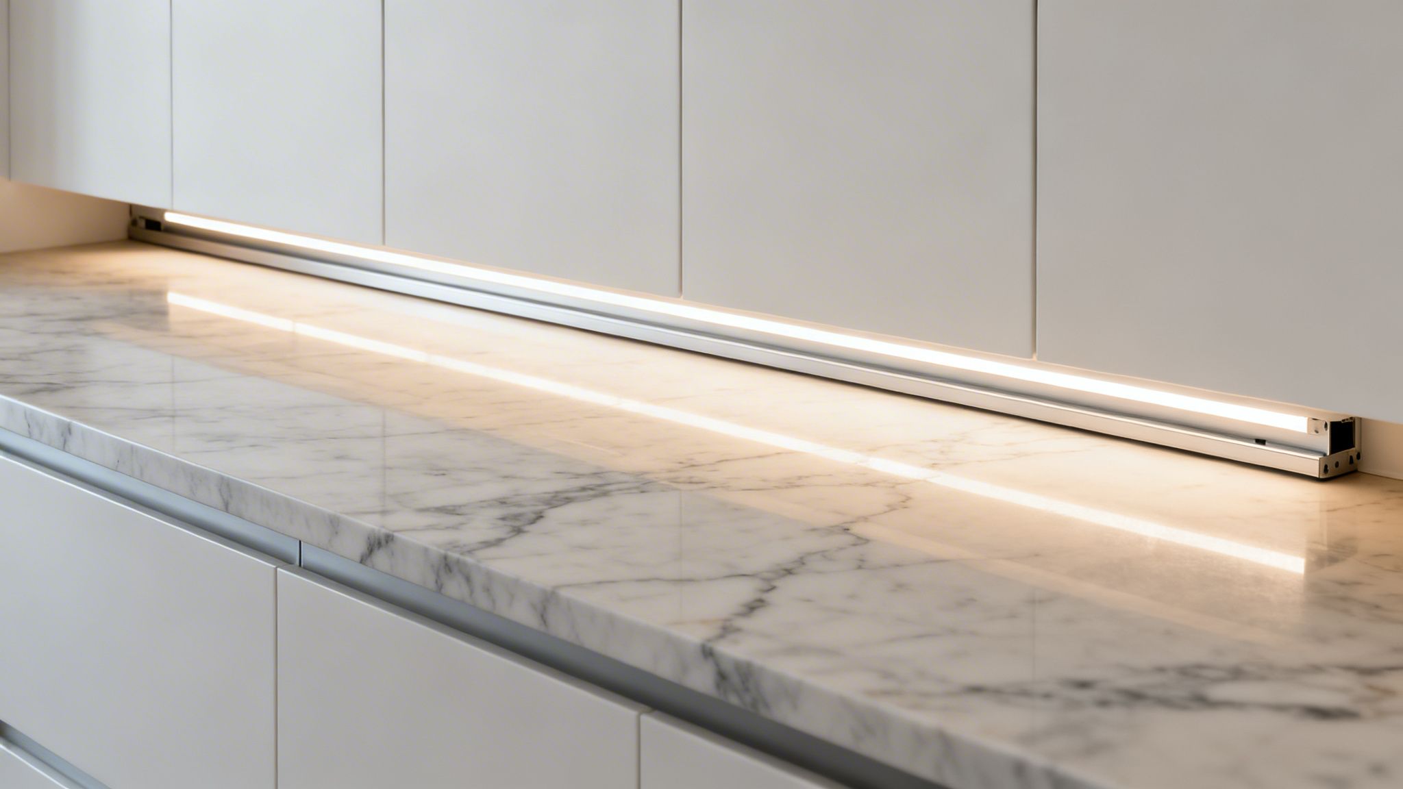 10 Kitchen Lighting Ideas Australia You Should Know 1 Modern Kitchen Featuring Under-Cabinet Led Strip Lighting Illuminating A Beautiful Marble Countertop And White Cabinets.