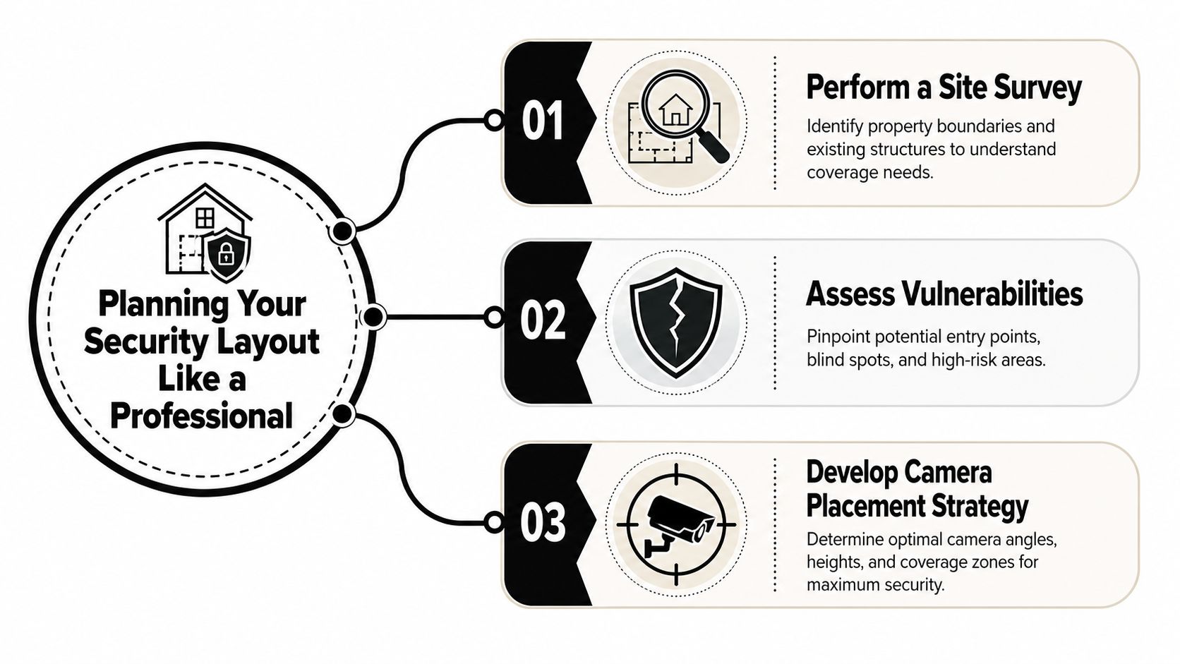 A Professional Infographic Titled Planning Your Security Layout Featuring Three Steps For Home Security Camera Installation.