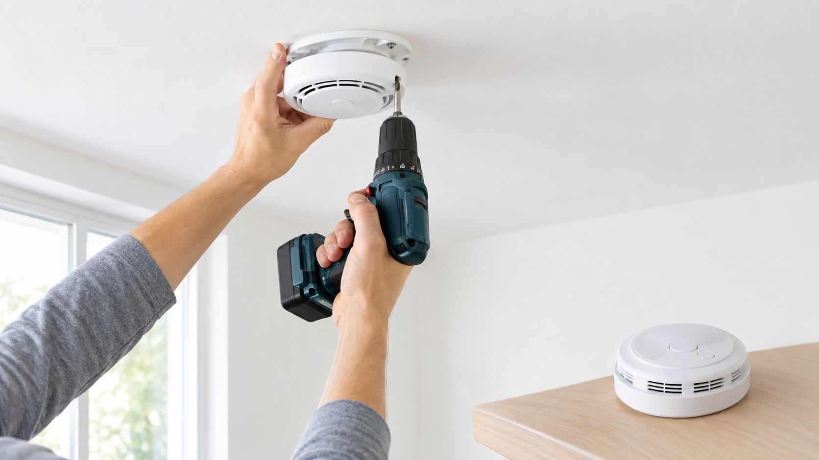 A Person Installing A White Smoke Alarm On A Ceiling Using A Cordless Power Drill.