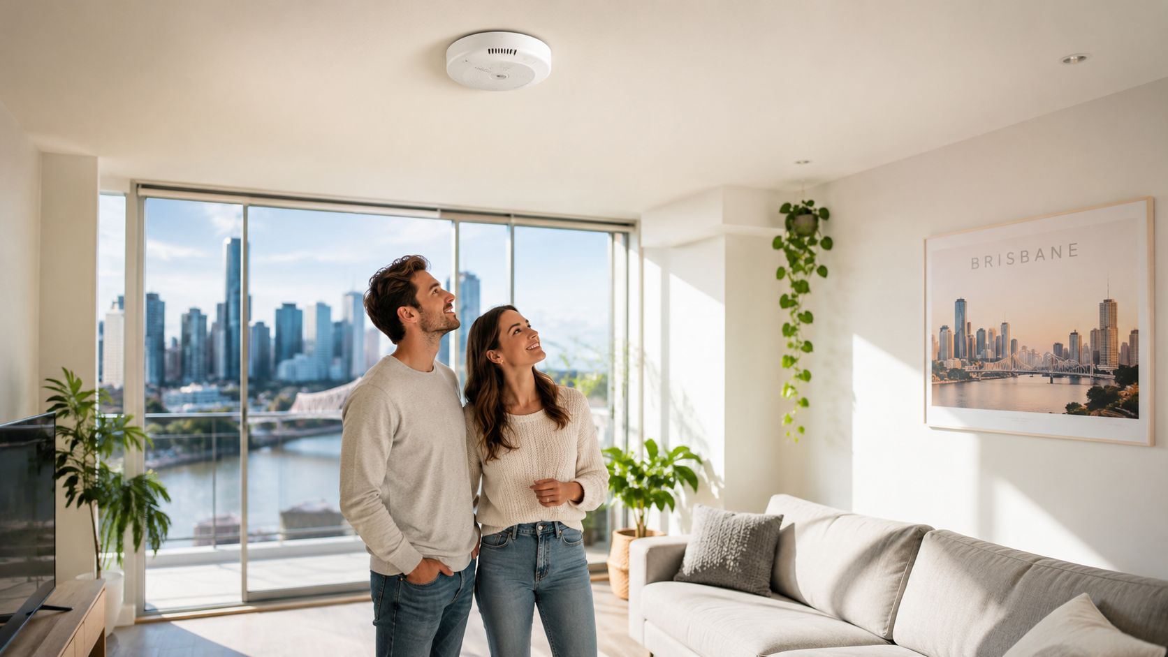 Smoke Alarm Installation Cost Brisbane: What To Expect In 3 A Young Couple Standing In A Modern Brisbane Living Room Looking Up At A Ceiling Smoke Alarm.