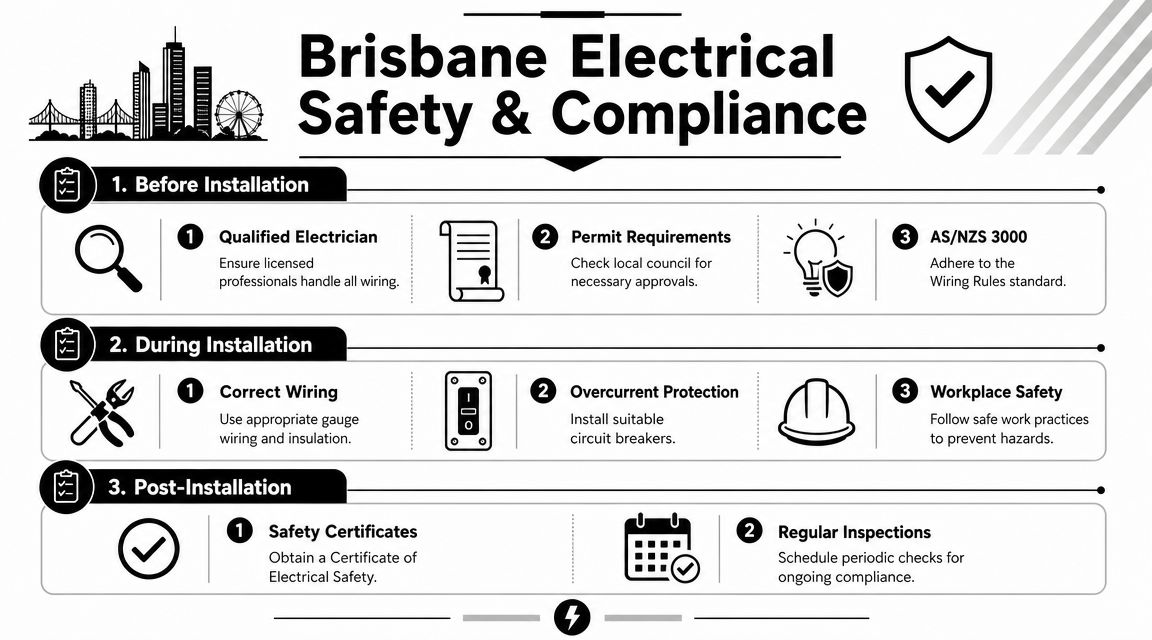 An Infographic Detailing Electrical Safety And Compliance Procedures For Installation In Brisbane, Including Pre, During, And Post-Installation Steps.