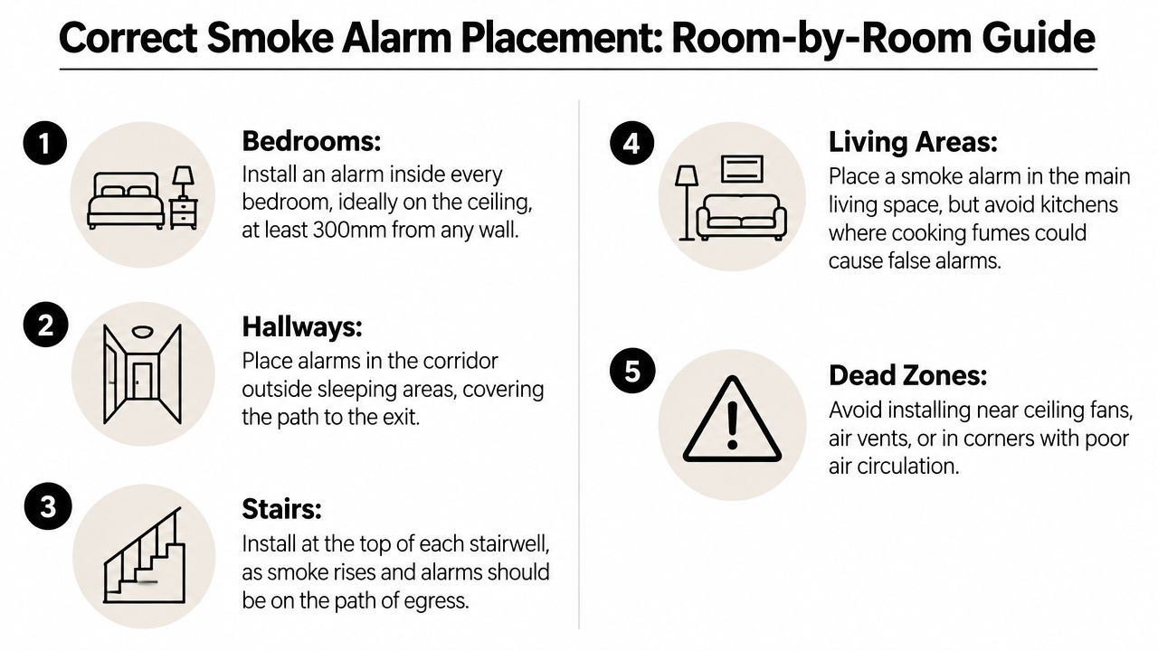 A Guide Illustrating Proper Smoke Alarm Placement Inside Homes, Including Bedrooms, Hallways, Stairs, And Living Areas.