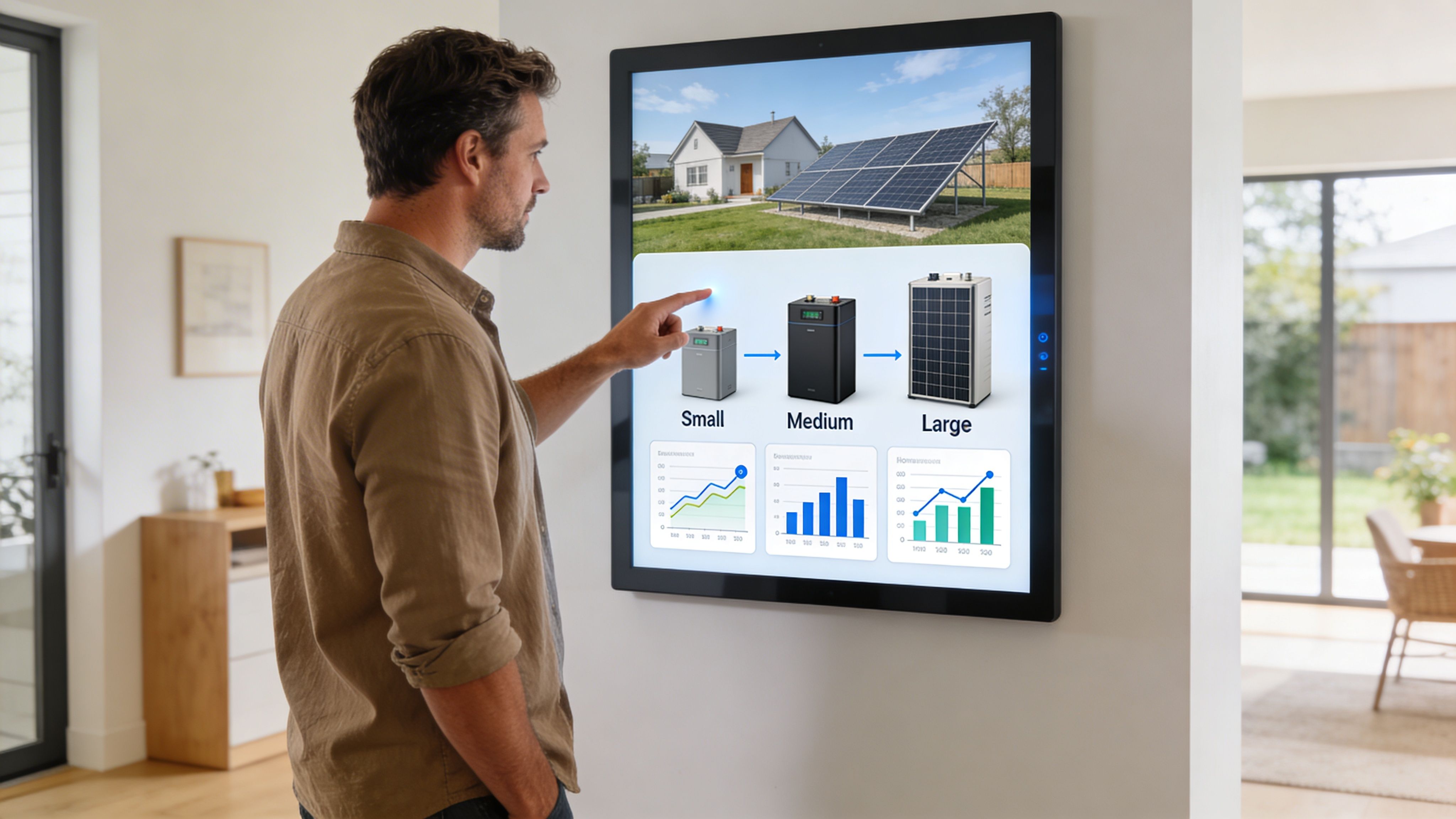 Are Solar Batteries Worth It? A Brisbane Guide (2026) 4 A Man Interacting With A Wall-Mounted Digital Display Showing Solar Battery Storage Options And Performance Data.