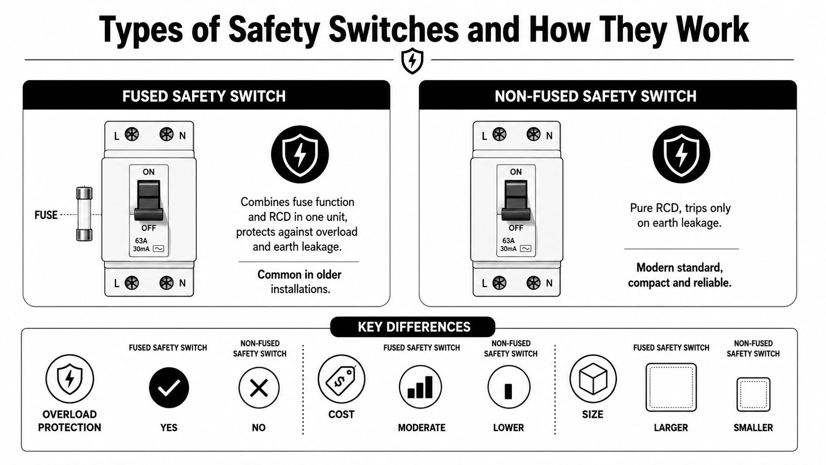 An Infographic Illustrating The Differences Between Fused And Non-Fused Safety Switches For Electrical Protection.