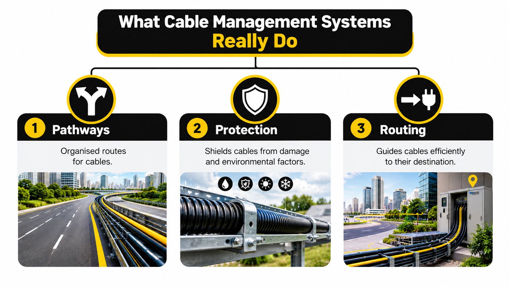 A Diagram Illustrating The Three Core Functions Of Cable Management Systems: Pathways, Protection, And Efficient Routing.