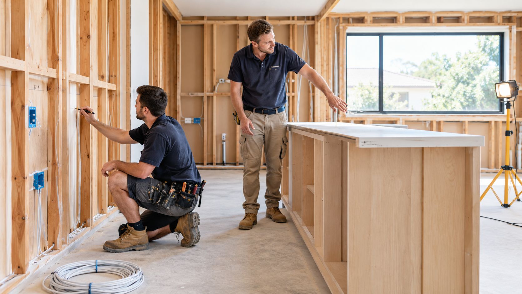 Two Professional Construction Workers Collaborating On The Electrical Wiring Layout In A Home Undergoing A Renovation.