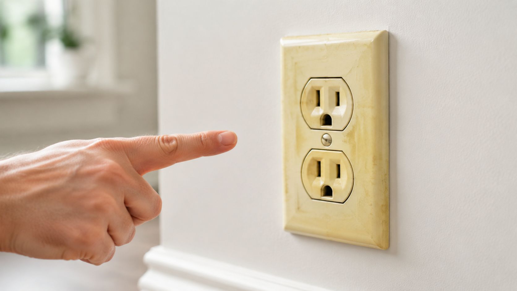 A Close-Up Shot Of A Finger Pointing Towards An Old, Yellowed Electrical Wall Outlet In A Home.