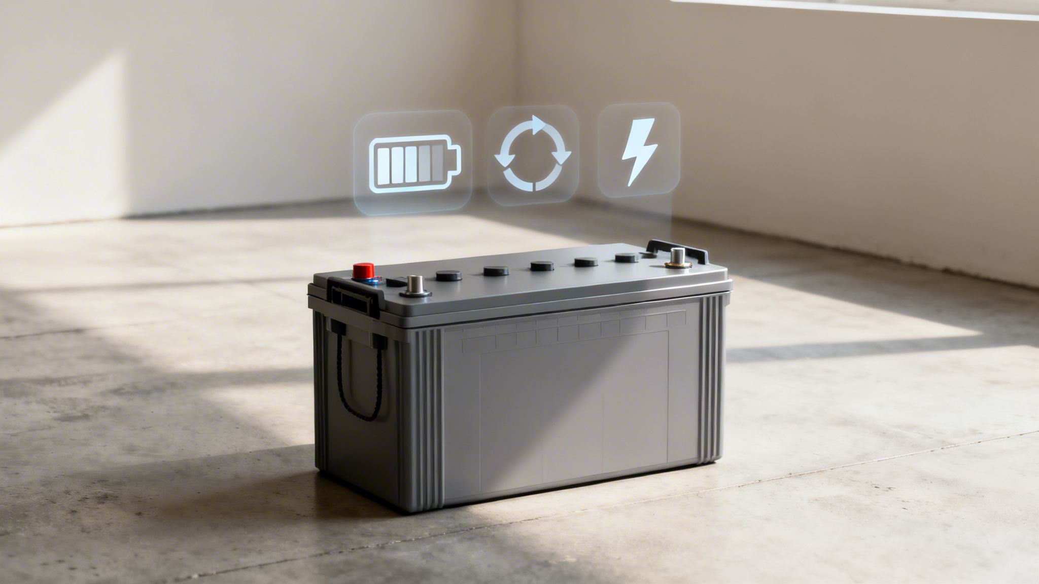 What Size Solar Battery Do I Need? A 2026 Brisbane Guide 3 Large Grey Battery With Holographic Icons Showing Full Charge, Recycling, And Lightning Bolt.