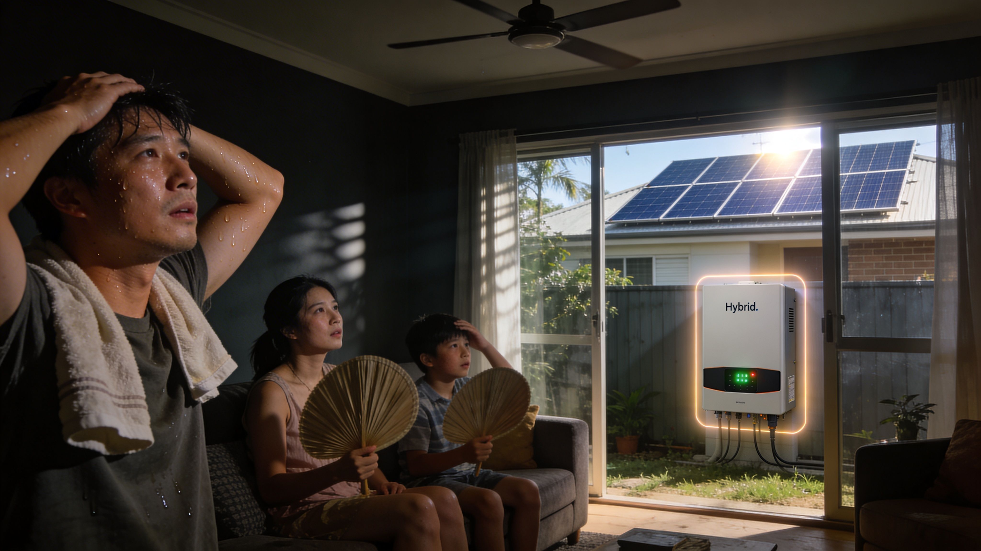 A Family Feeling Overheated In Their Living Room, Highlighted Next To A Modern Home Solar Inverter System.