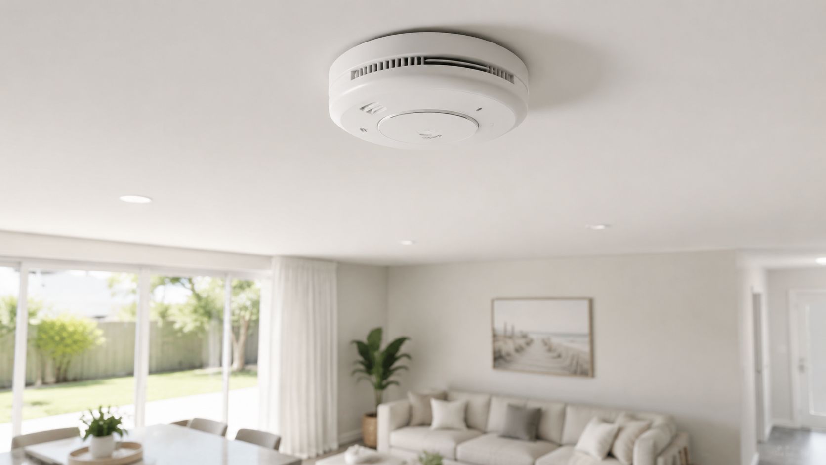 A Modern White Smoke Alarm Installed On A Ceiling In A Bright, Contemporary Living Room Setting.