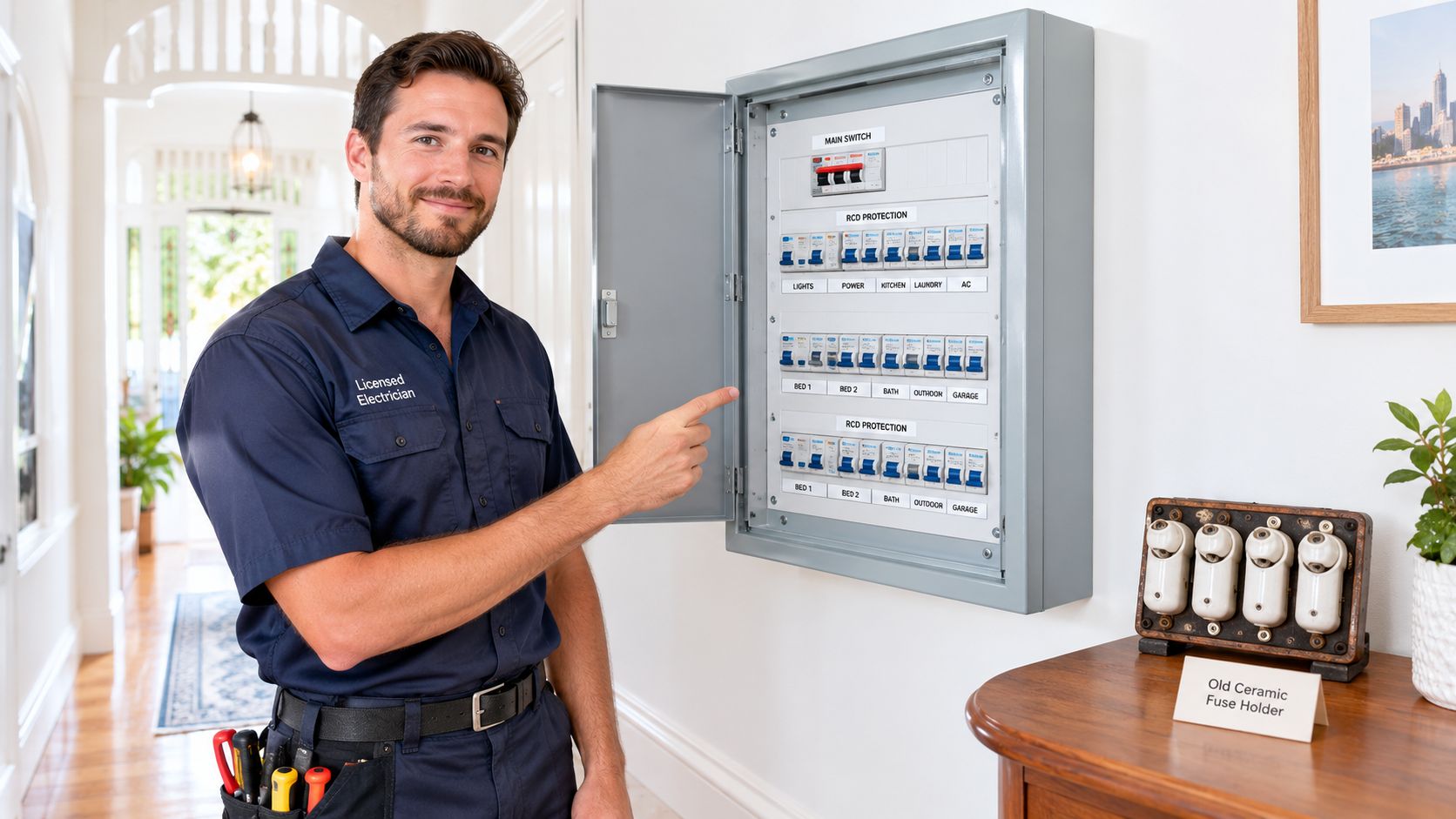 Switch With Circuit Breaker Explained For Brisbane Homes 4 A Professional Licensed Electrician Pointing At A Modern Electrical Switchboard With Circuit Breakers In A Home Setting.
