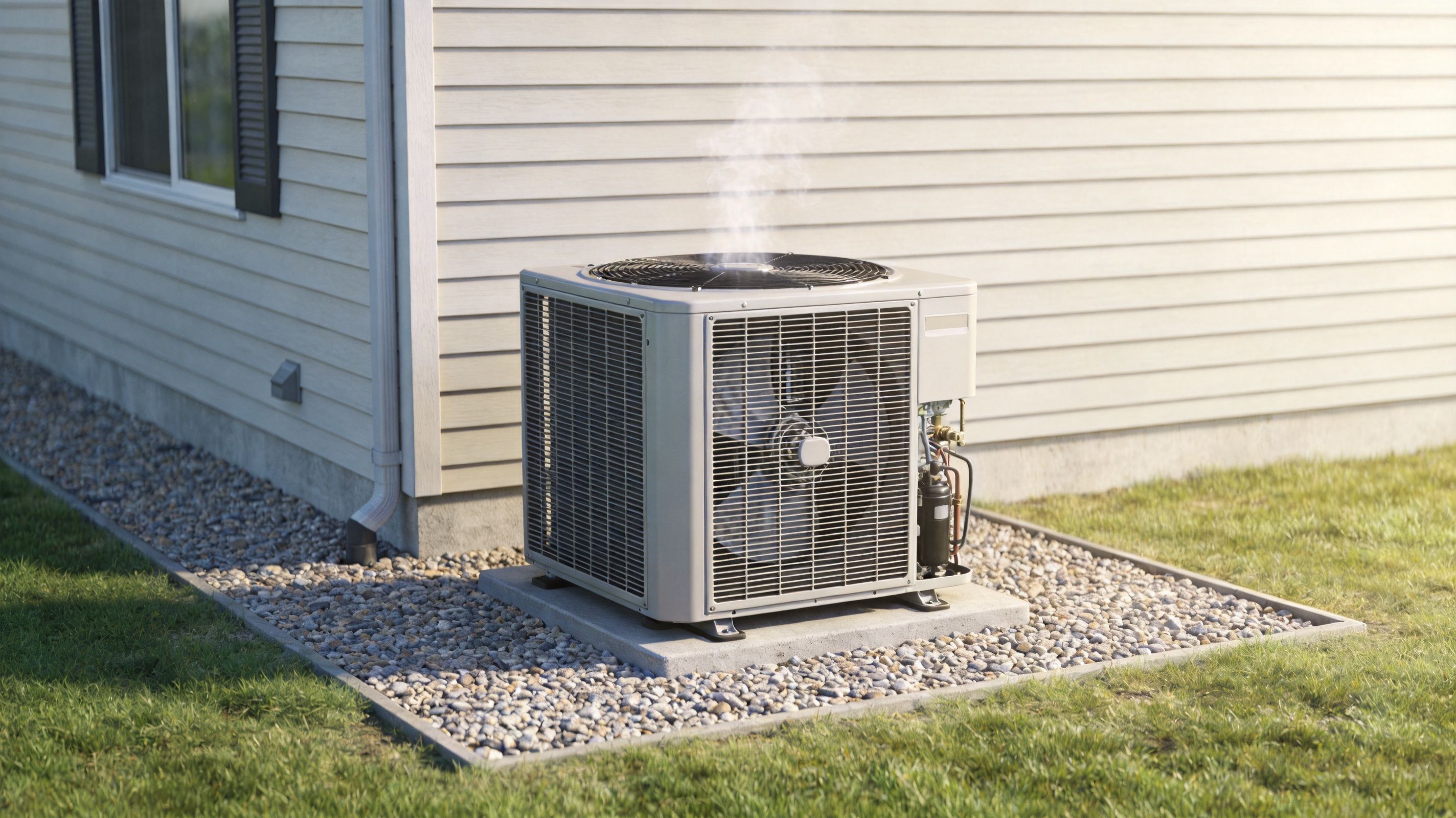 Air Conditioner Repair: Brisbane Homeowner'S Guide 2 An Outdoor Air Conditioning Condenser Unit Emitting Smoke Or Steam While Sitting On A Gravel Pad.