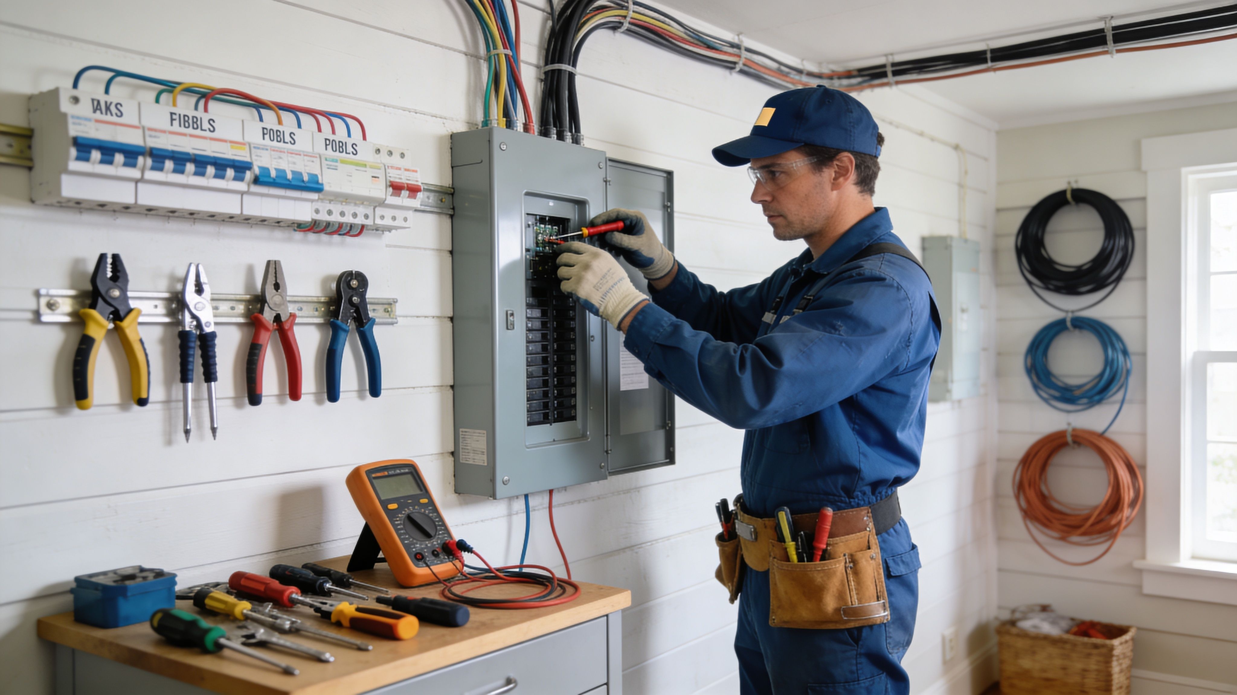 A Professional Electrician Wearing Protective Gear Working On A Home Electrical Switchboard With Various Tools.