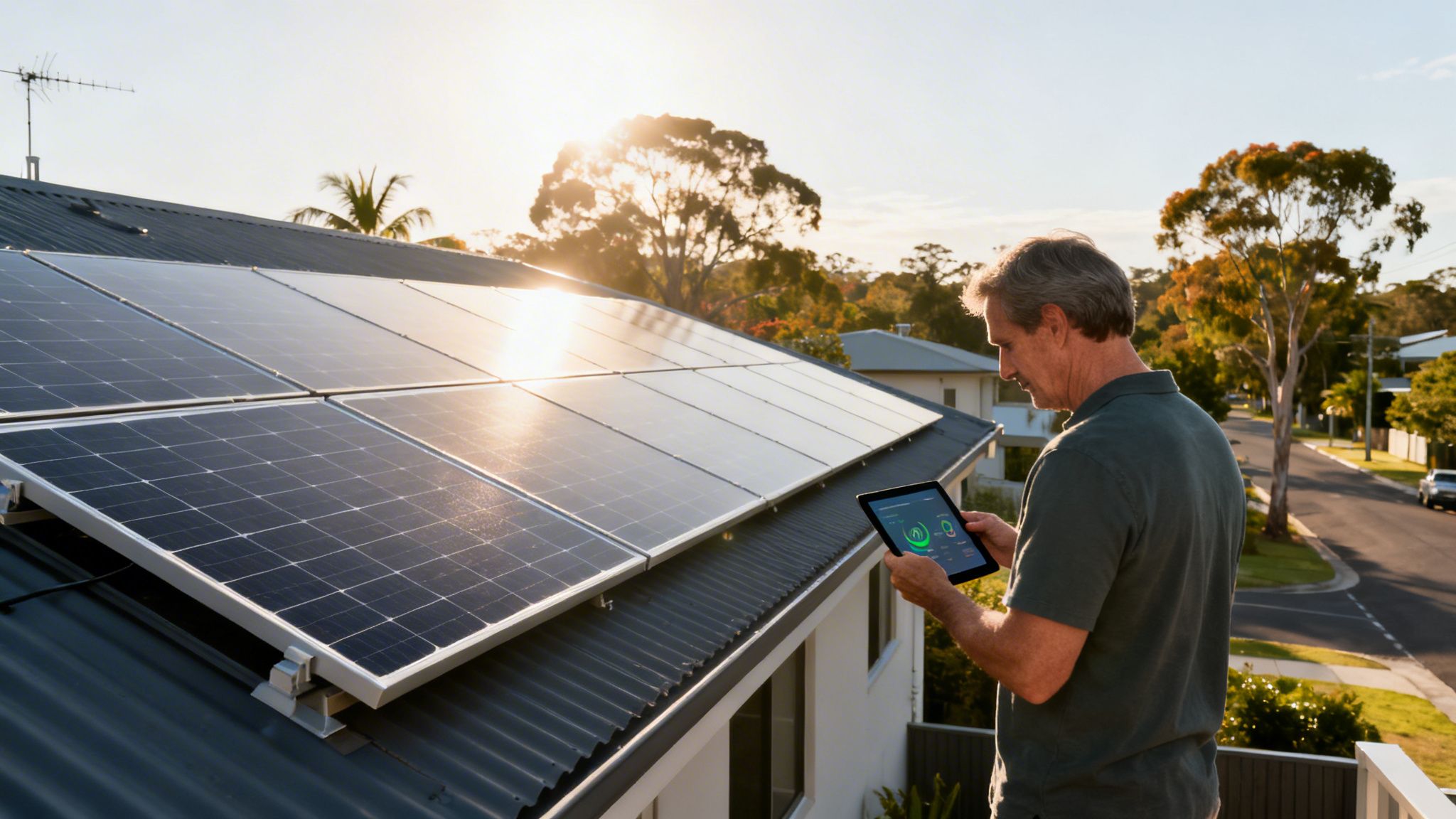 How Does A Solar Power System Work? A 2026 Guide For Brisbane Homes 3 Man On Balcony Checking Solar Panel Performance On A Tablet, With Rooftop Panels And Sunny Suburban Neighborhood.
