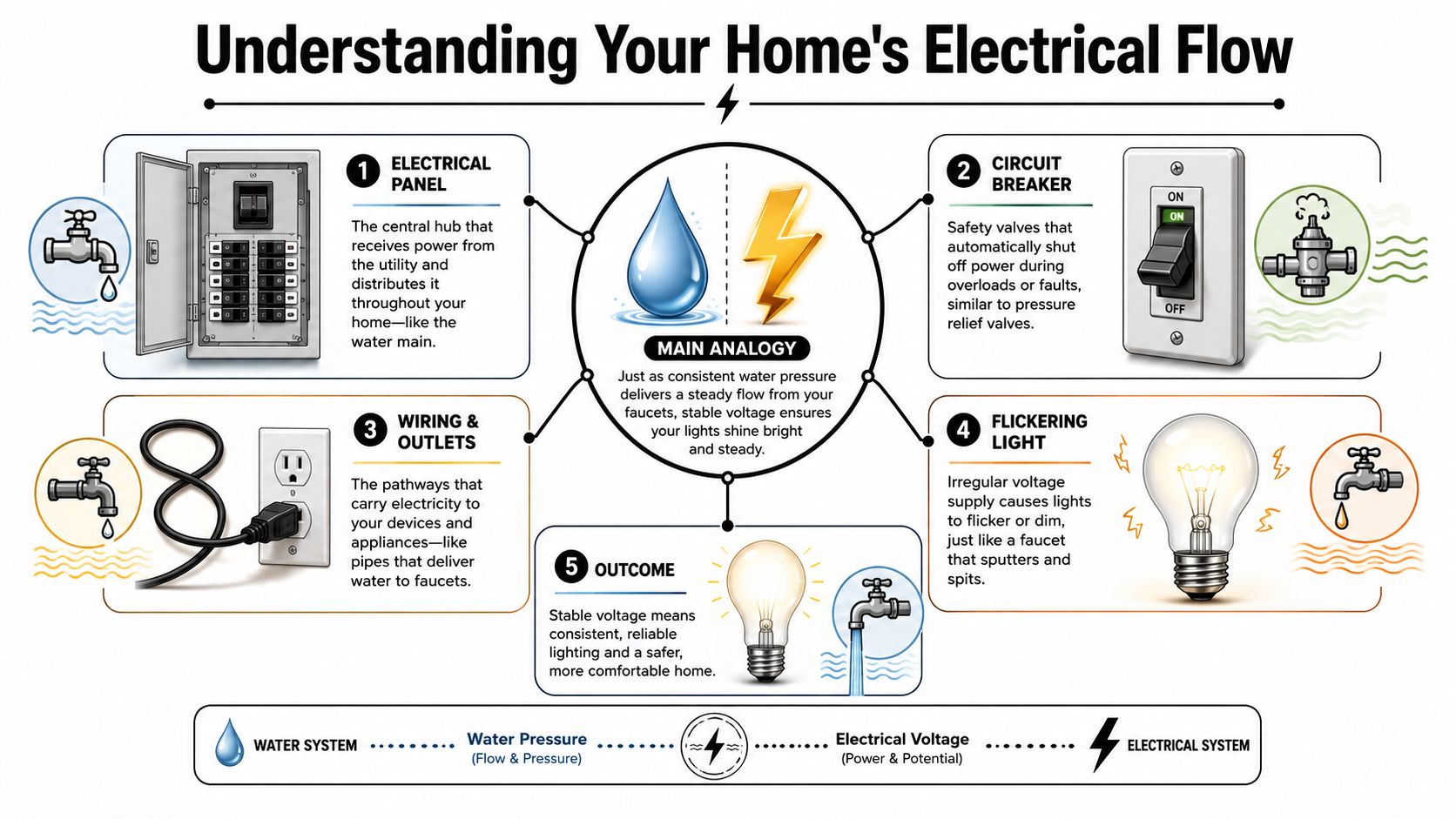 An Infographic Explaining Electrical Flow In A Home Using Water System Analogies For Voltage And Power.