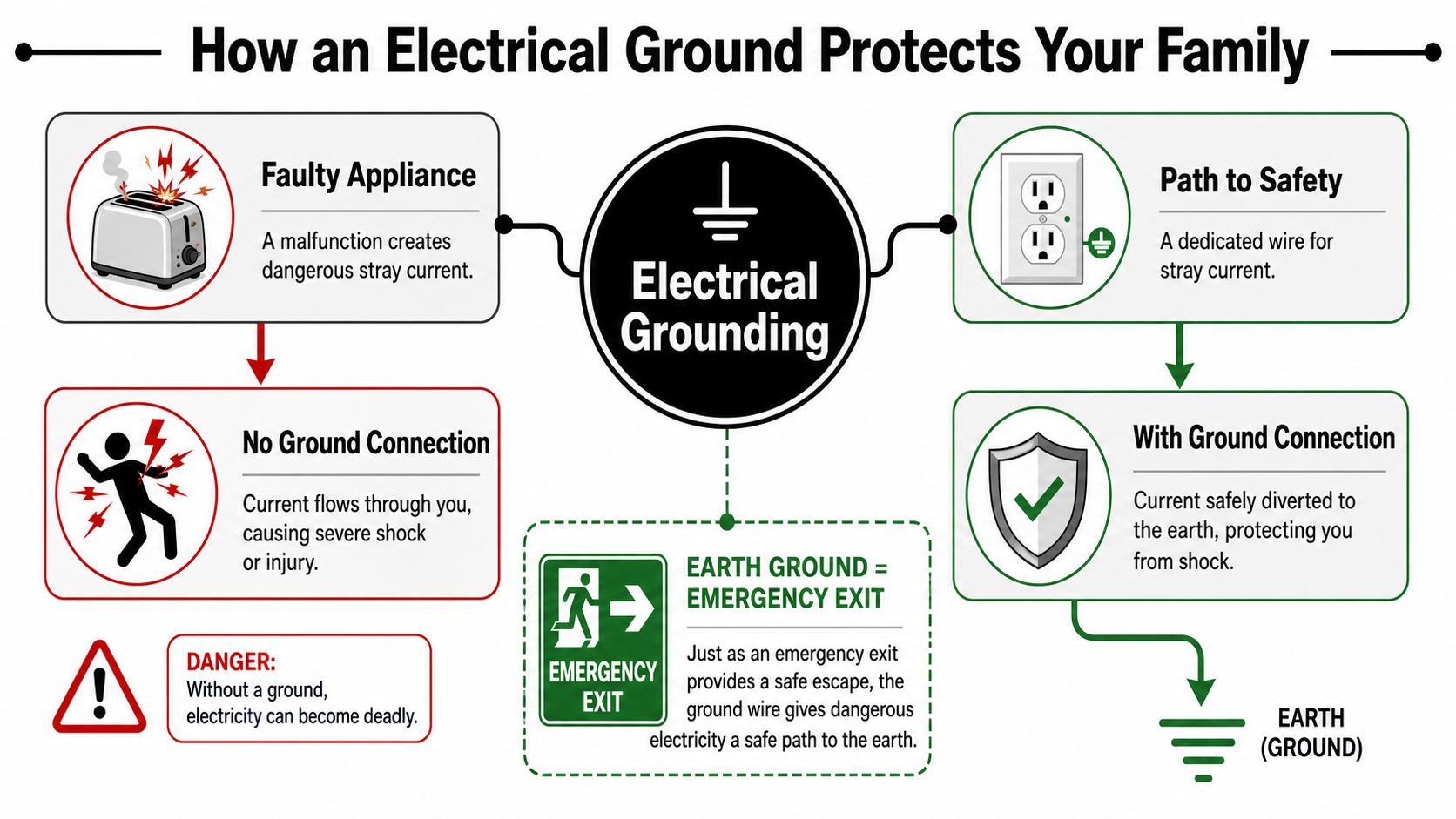 Electrical Earth Ground: A Homeowner'S Safety Guide 2 An Infographic Explaining How An Electrical Ground Wire Prevents Electric Shock By Diverting Dangerous Current To Earth.