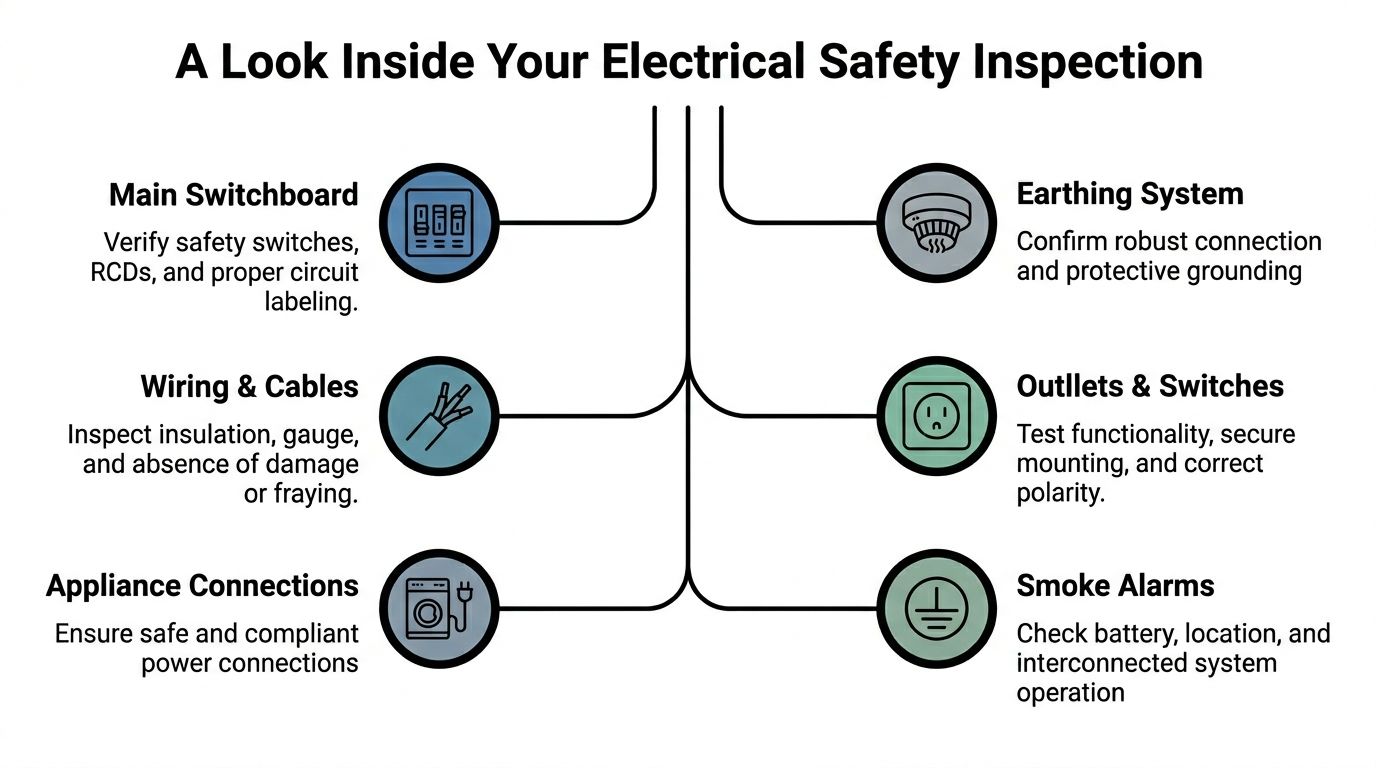 A Visual Guide Outlining The Six Key Components Of A Professional Residential Electrical Safety Inspection.
