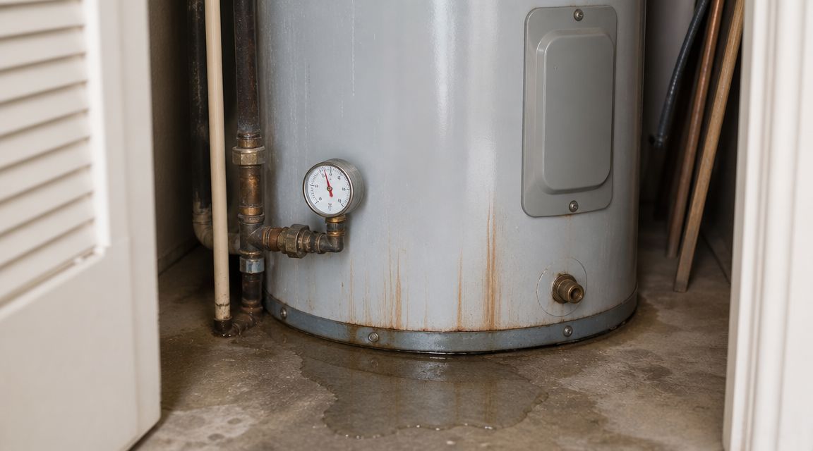 A Leaking Electric Water Heater Sitting On A Concrete Floor With Water Pooling At The Base.