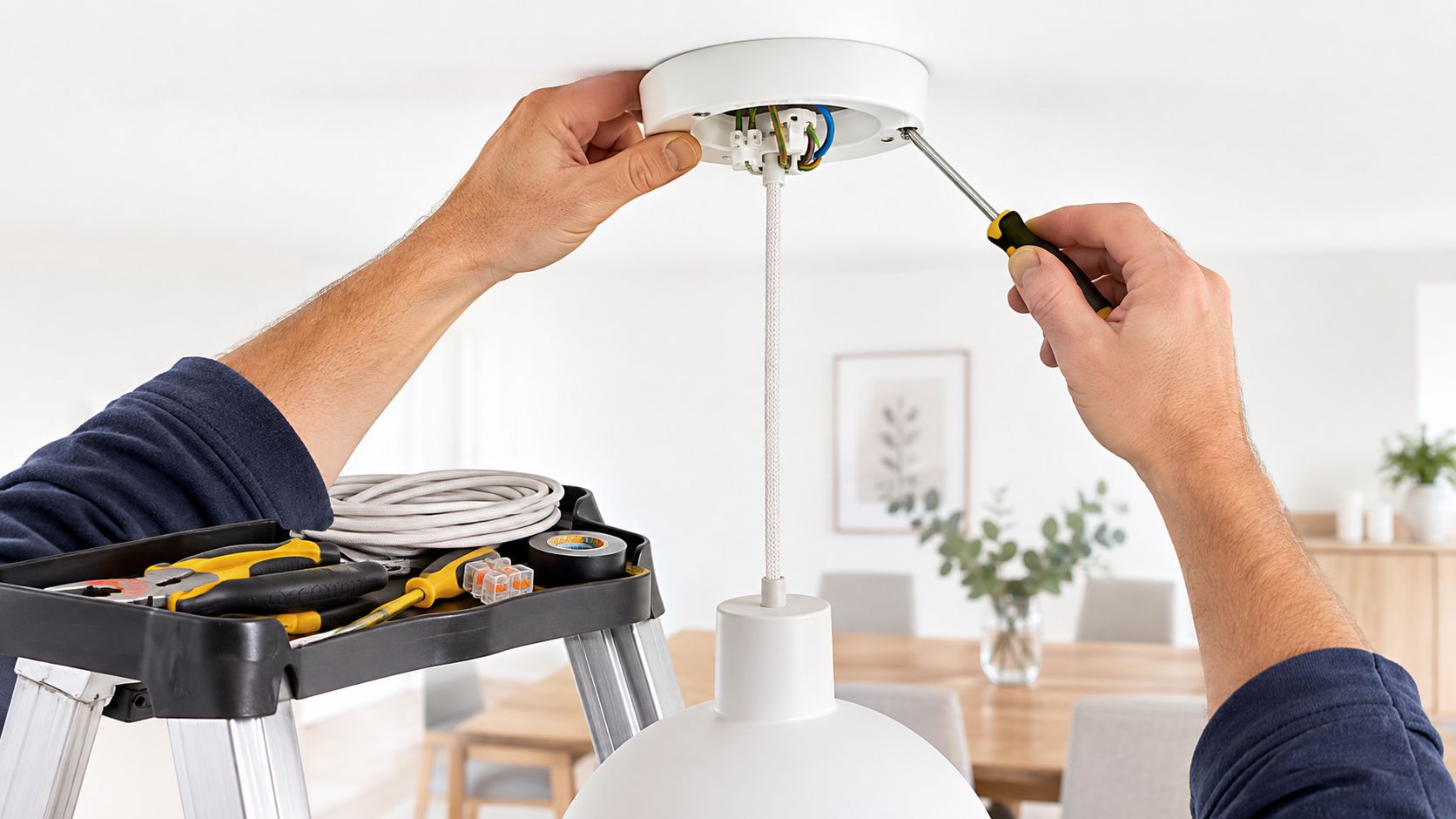 A Person Installing A Modern White Pendant Light On A Ceiling Using A Screwdriver And Ladder.