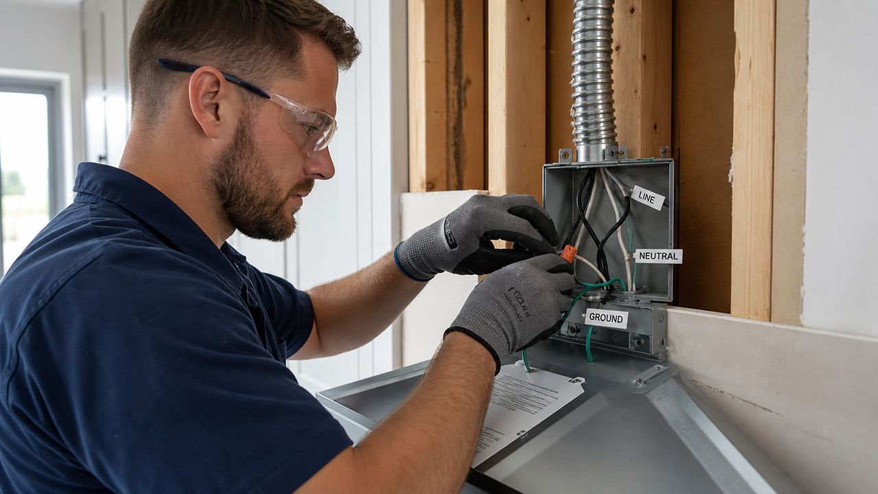A Professional Electrician Wearing Safety Glasses And Protective Gloves Wires A Kitchen Range Hood Electrical Box.