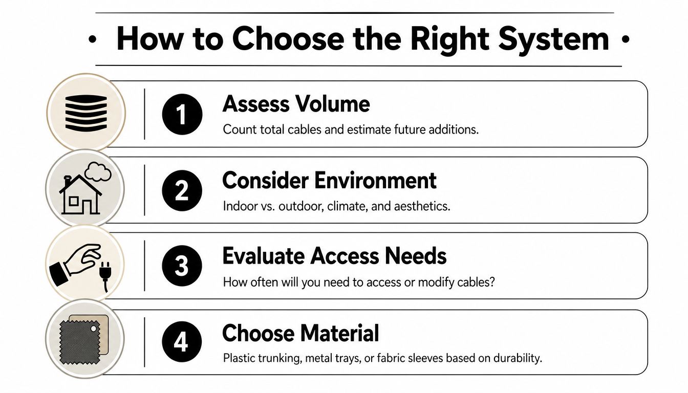 An Infographic Titled How To Choose The Right System, Listing Four Steps For Selecting Cable Management Solutions.
