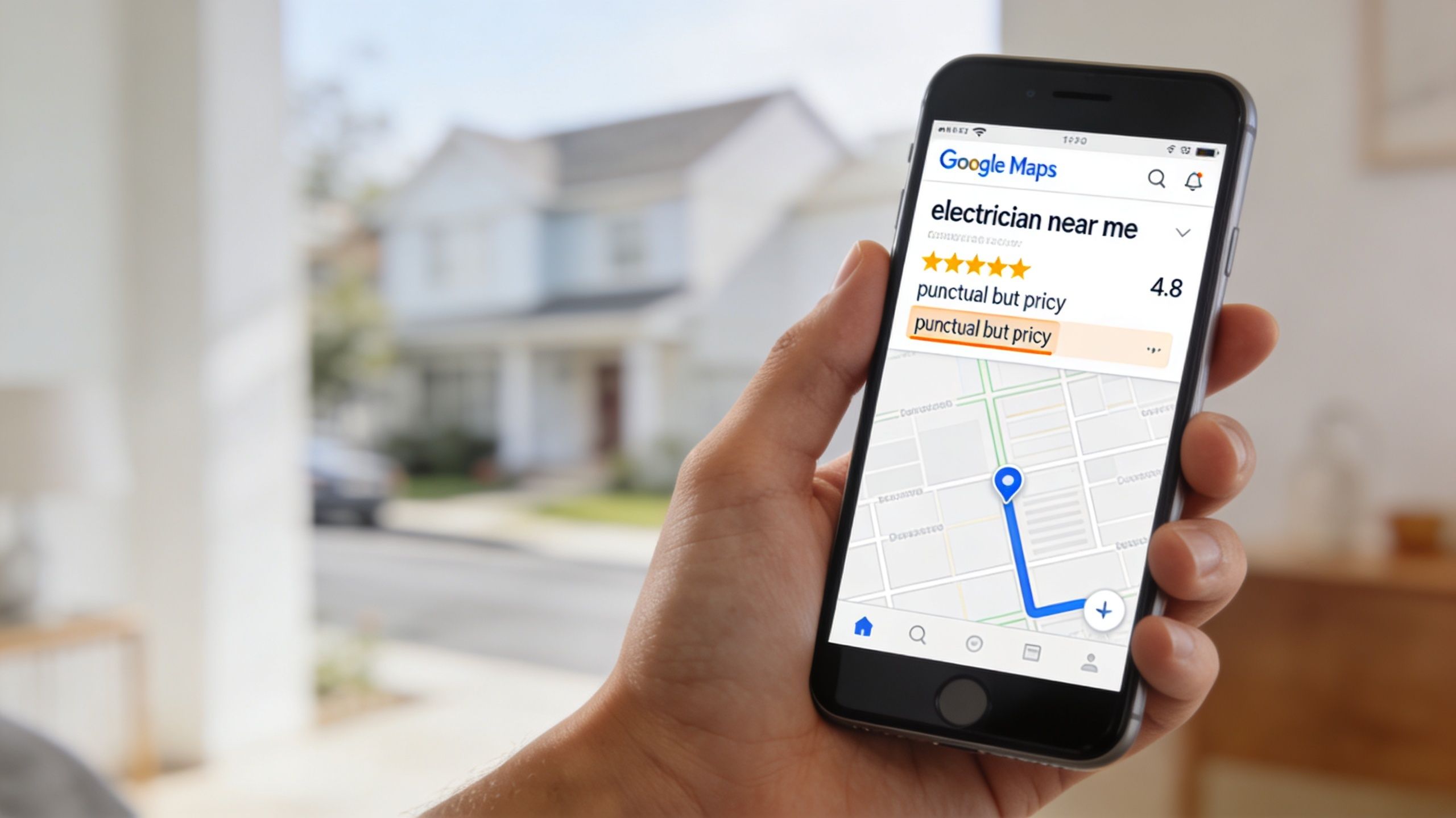 A Hand Holding A Smartphone Displaying An Electrician Search Result On Google Maps With A 4.8 Rating.