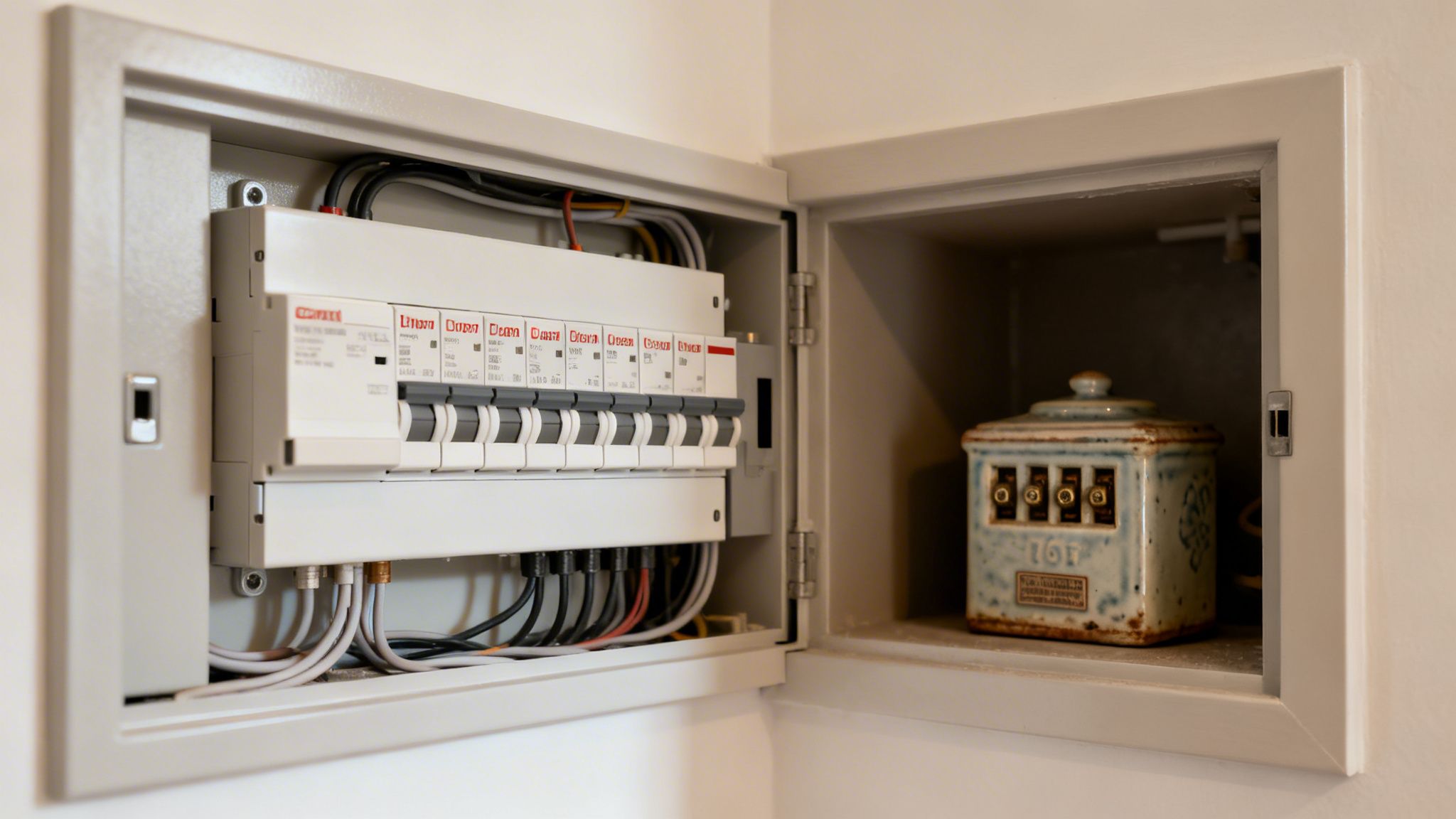 An Open Electrical Switchboard Revealing Rows Of Circuit Breakers And Wiring, With A Ceramic Pot Next To It.