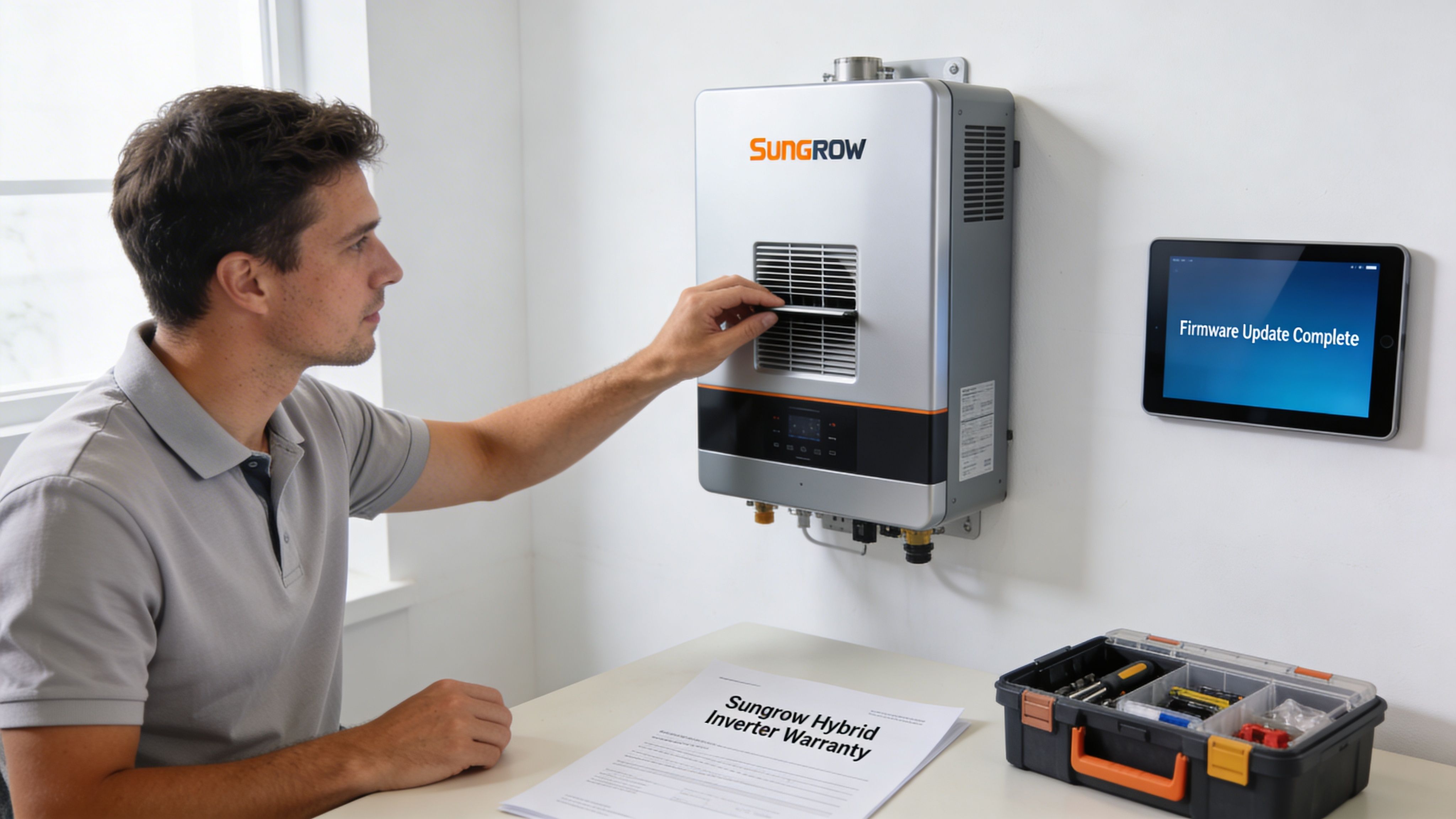 A Technician Performing Maintenance On A Sungrow Hybrid Inverter Wall Unit While Referring To Warranty Documents.
