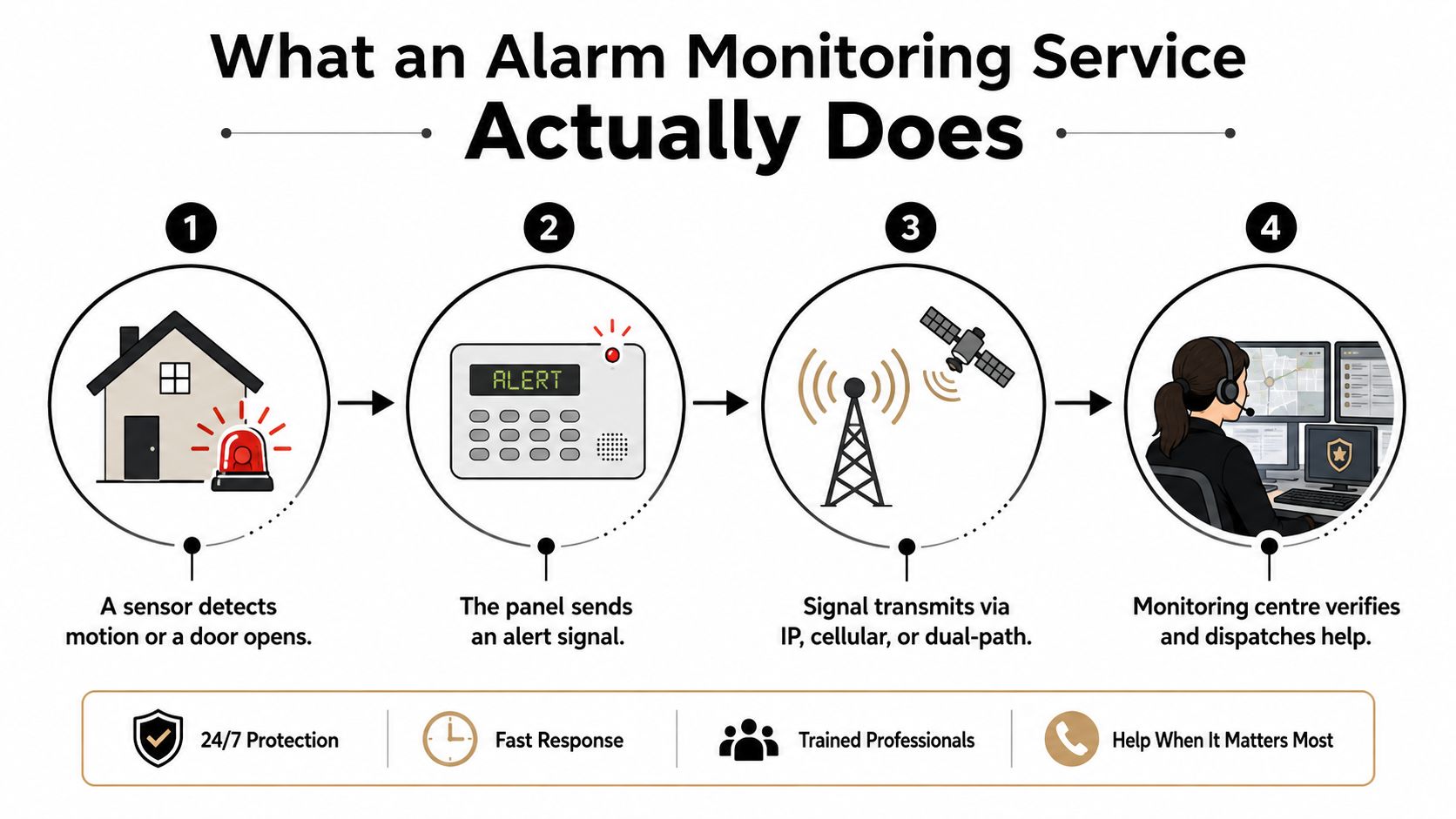 A Four-Step Infographic Illustrating How An Alarm Monitoring Service Detects, Transmits, And Responds To Home Security Alerts.