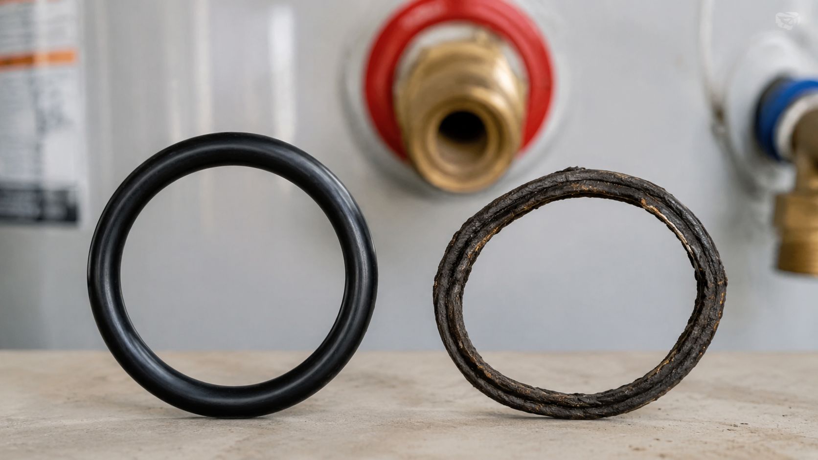 A New Rubber O-Ring Seal Sits Next To A Worn, Corroded Ring In Front Of A Water Heater.