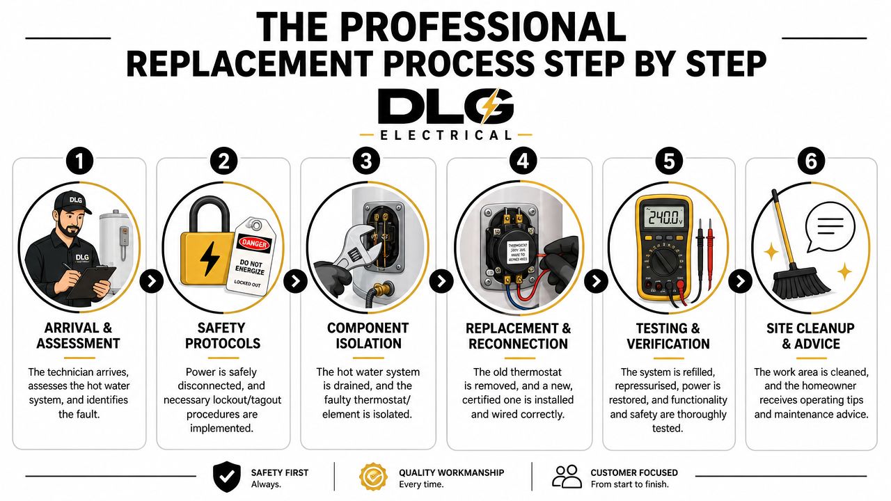 A Step-By-Step Professional Process Infographic For Electric Hot Water Thermostat Replacement Services By Dlg Electrical.