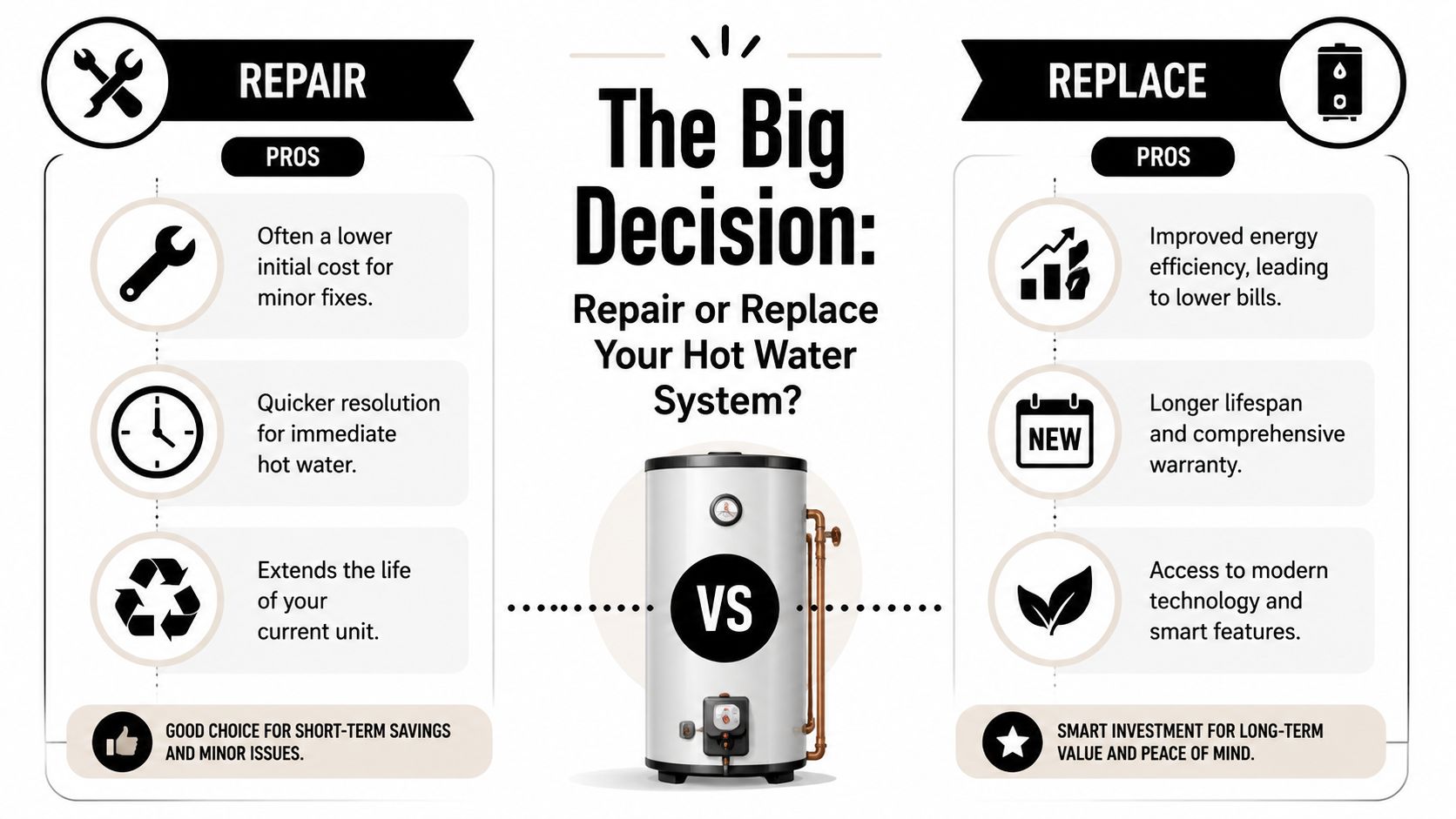 Electric Hot Water Repair: A Brisbane Homeowner'S Guide 3 A Comparison Infographic Helping Homeowners Decide Whether To Repair Or Replace Their Hot Water Heating System.