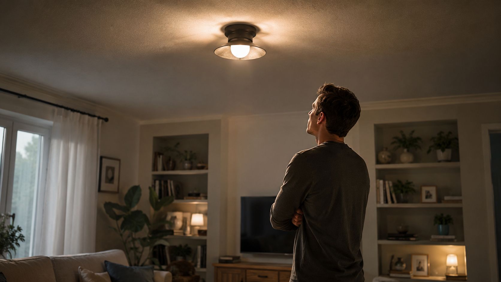 A Man Standing In His Living Room Looking Up At A Bright Light Fixture On The Ceiling.