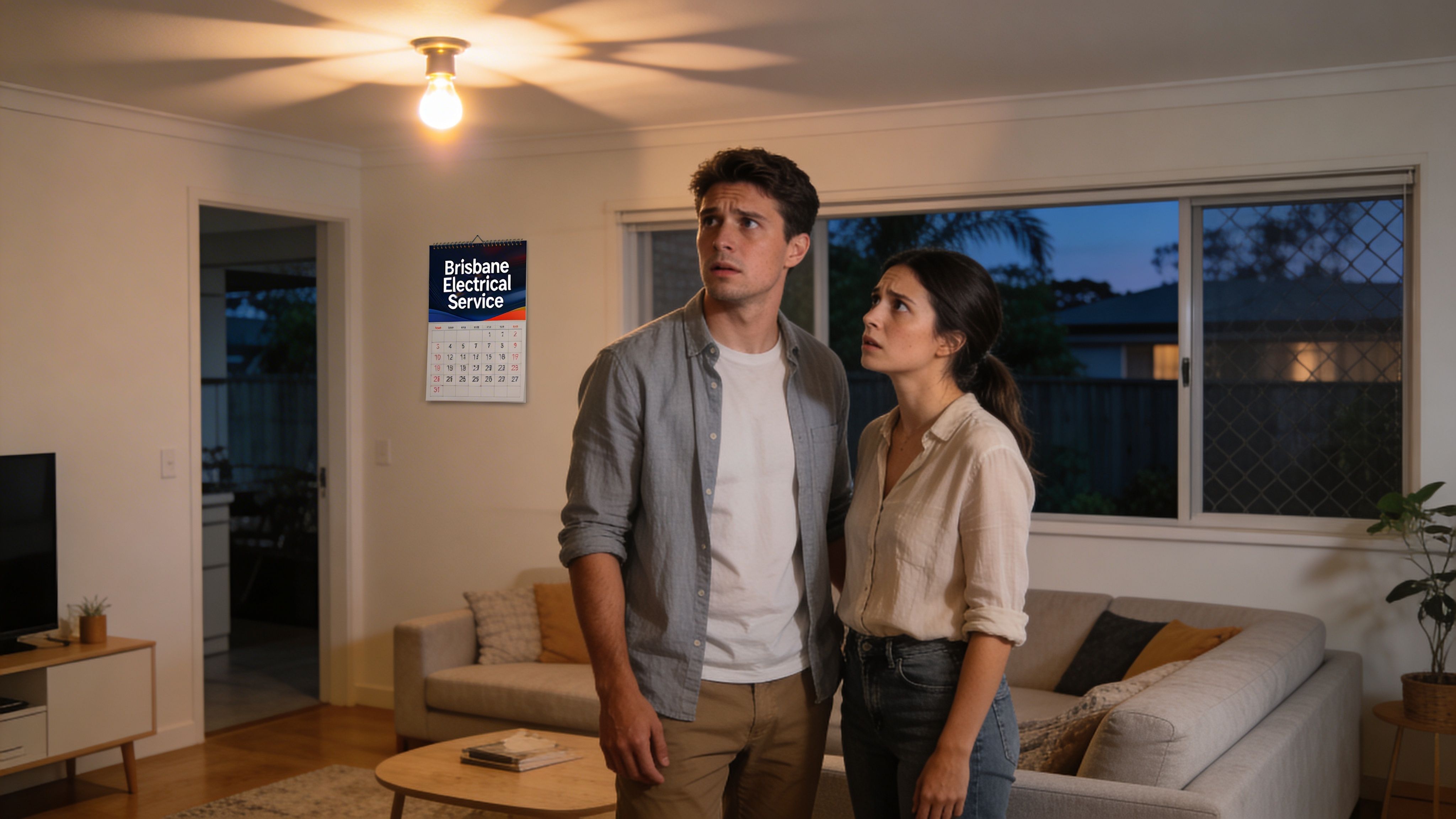 A Concerned Couple Stands In Their Living Room Looking Up At A Ceiling Light With A Calendar Nearby.