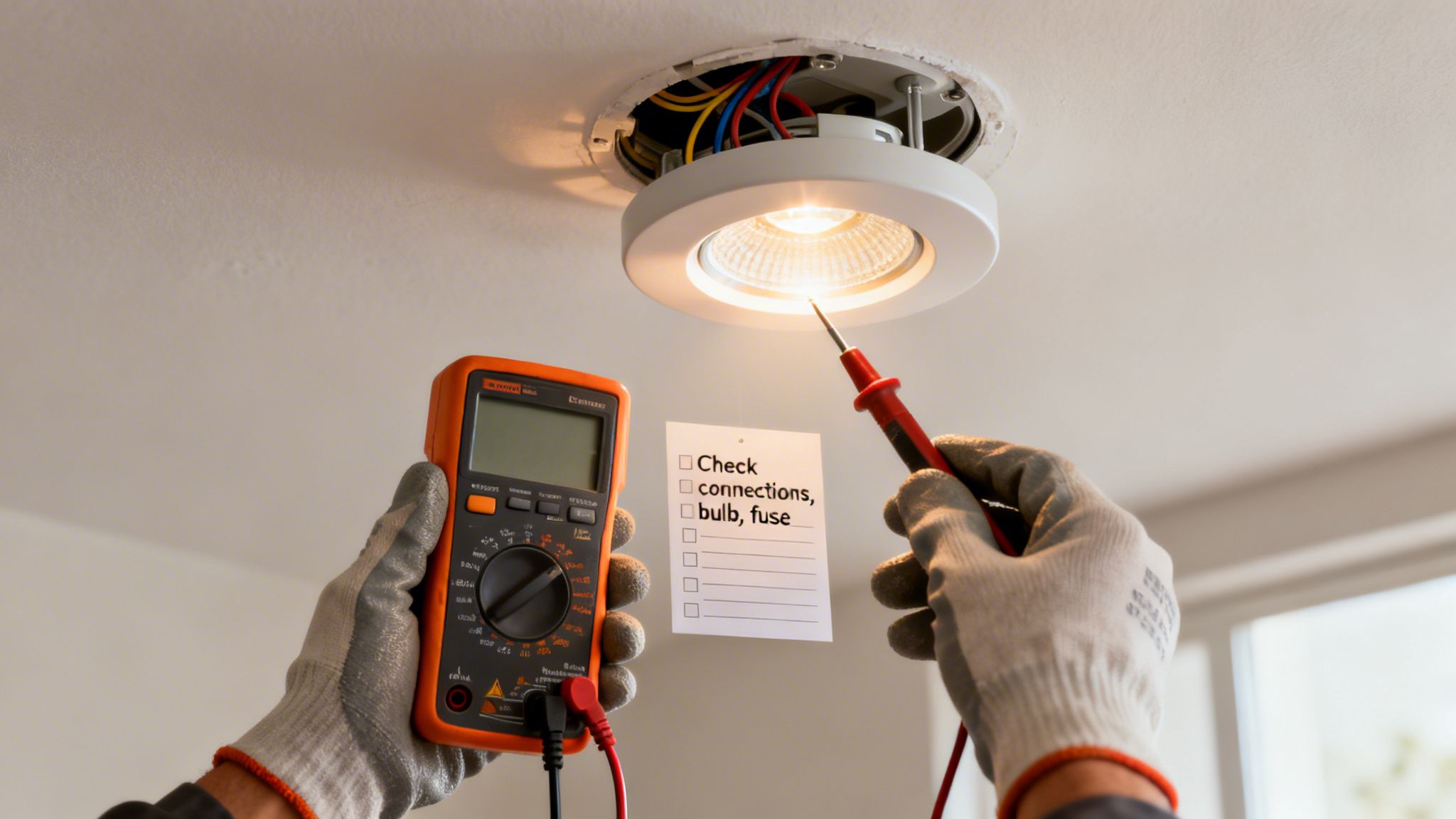 How To Wire A Ceiling Light A Guide For Brisbane Homeowners 3 Gloved Hands Work On A Glowing Recessed Ceiling Light With A Multimeter And A Checklist.