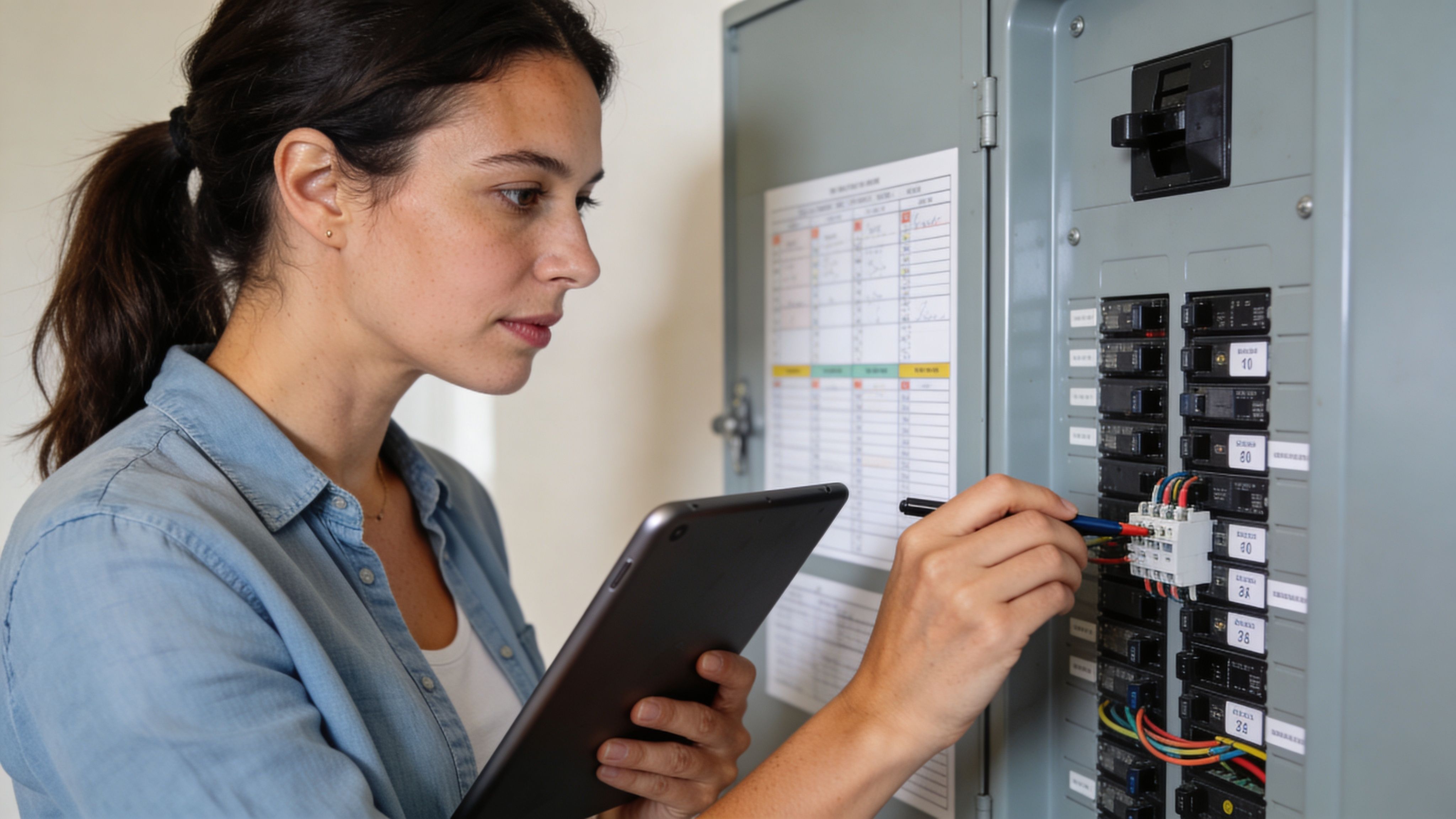 A Professional Electrician Inspecting A Residential Circuit Breaker Panel While Using A Tablet For Documentation.